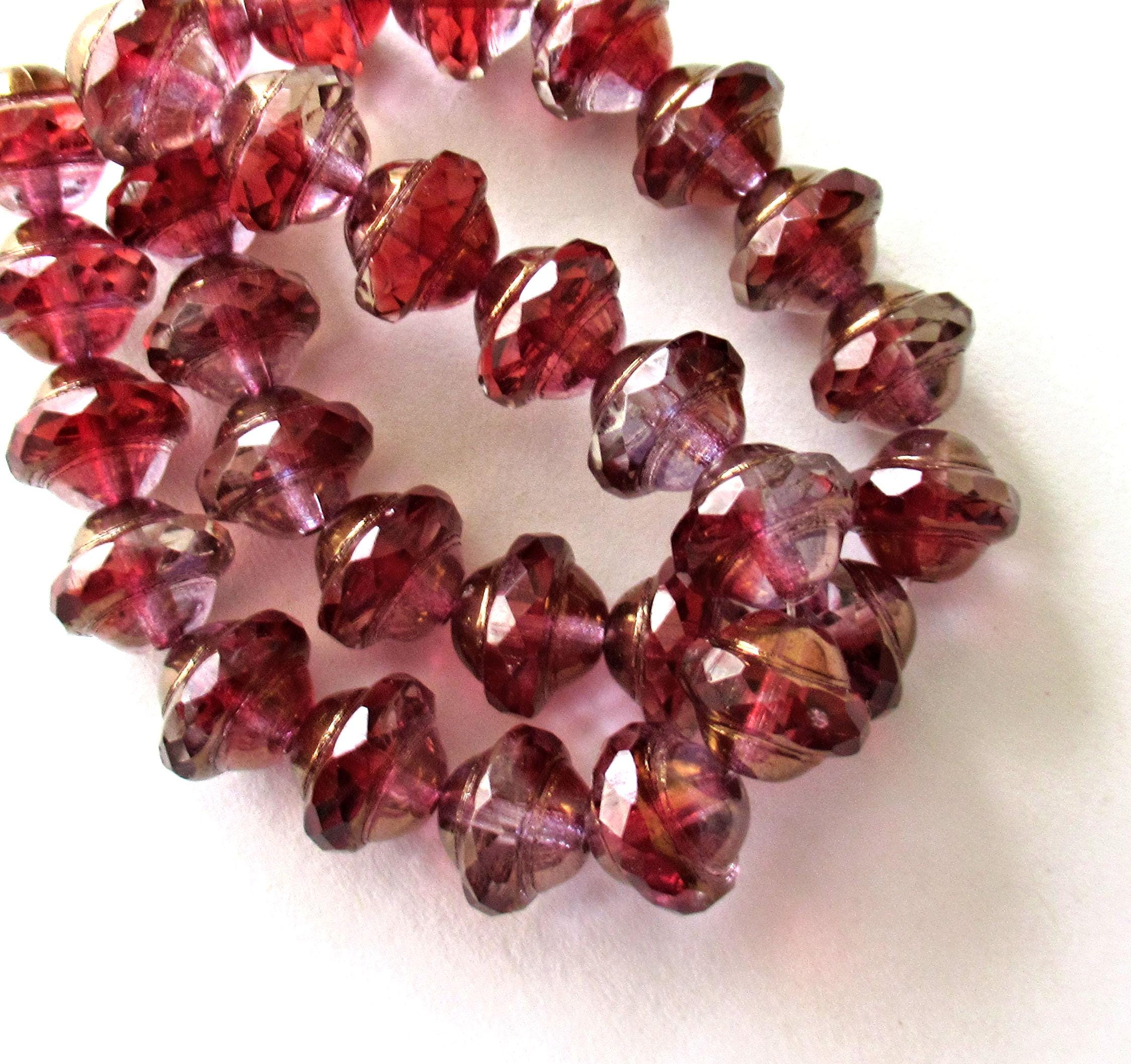 Pink Czech glass saturn beads - 8 x 10mm - marbled fuchsia pink & crystal w/ bronze accents - faceted saucer beads - 15 pcs - C00062