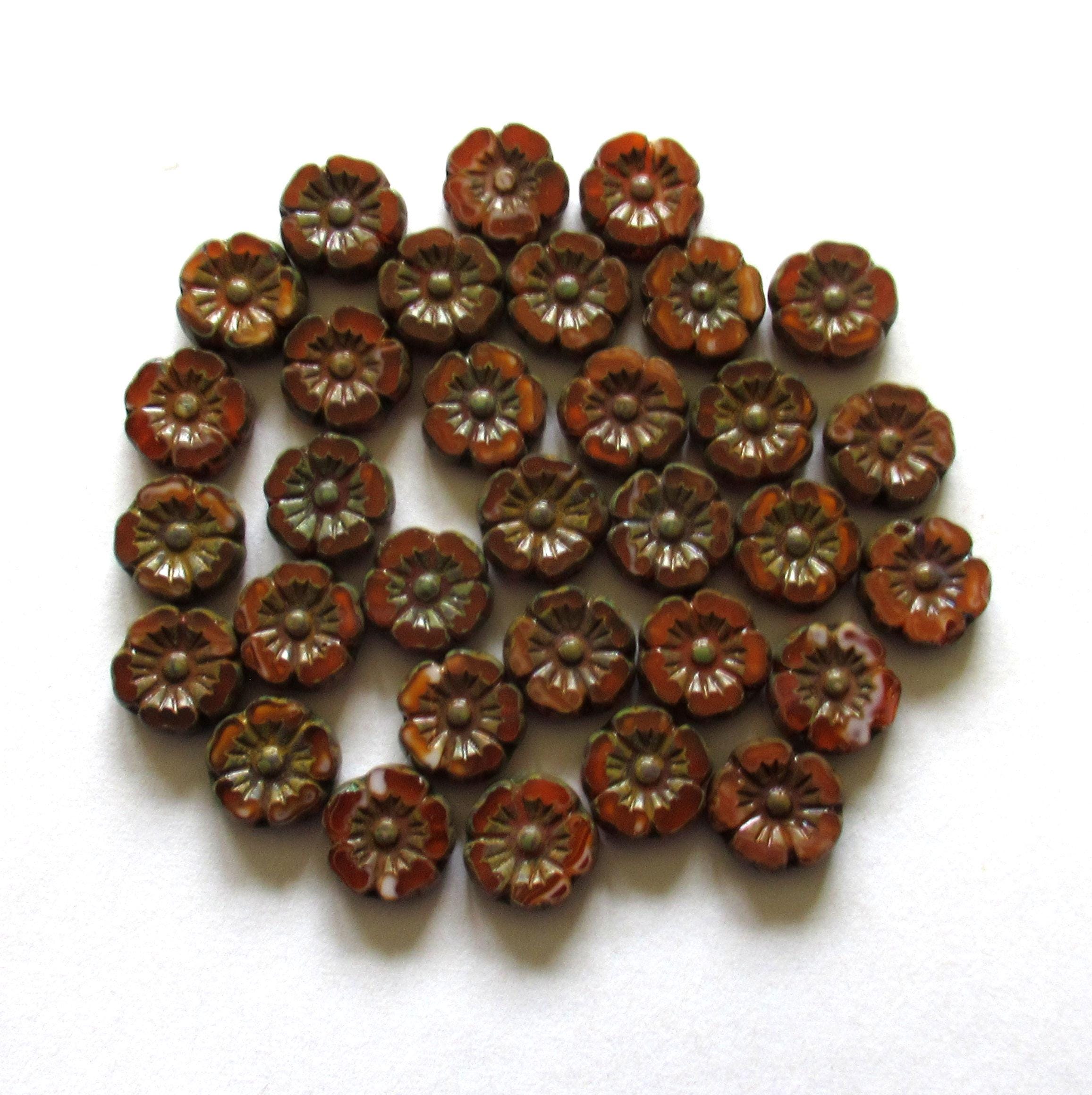 Lot of 16 9mm Czech glass flower beads - opaque brown orange & rust w/ picasso accents - Hawaiian hibiscus table cut carved beads - C00432