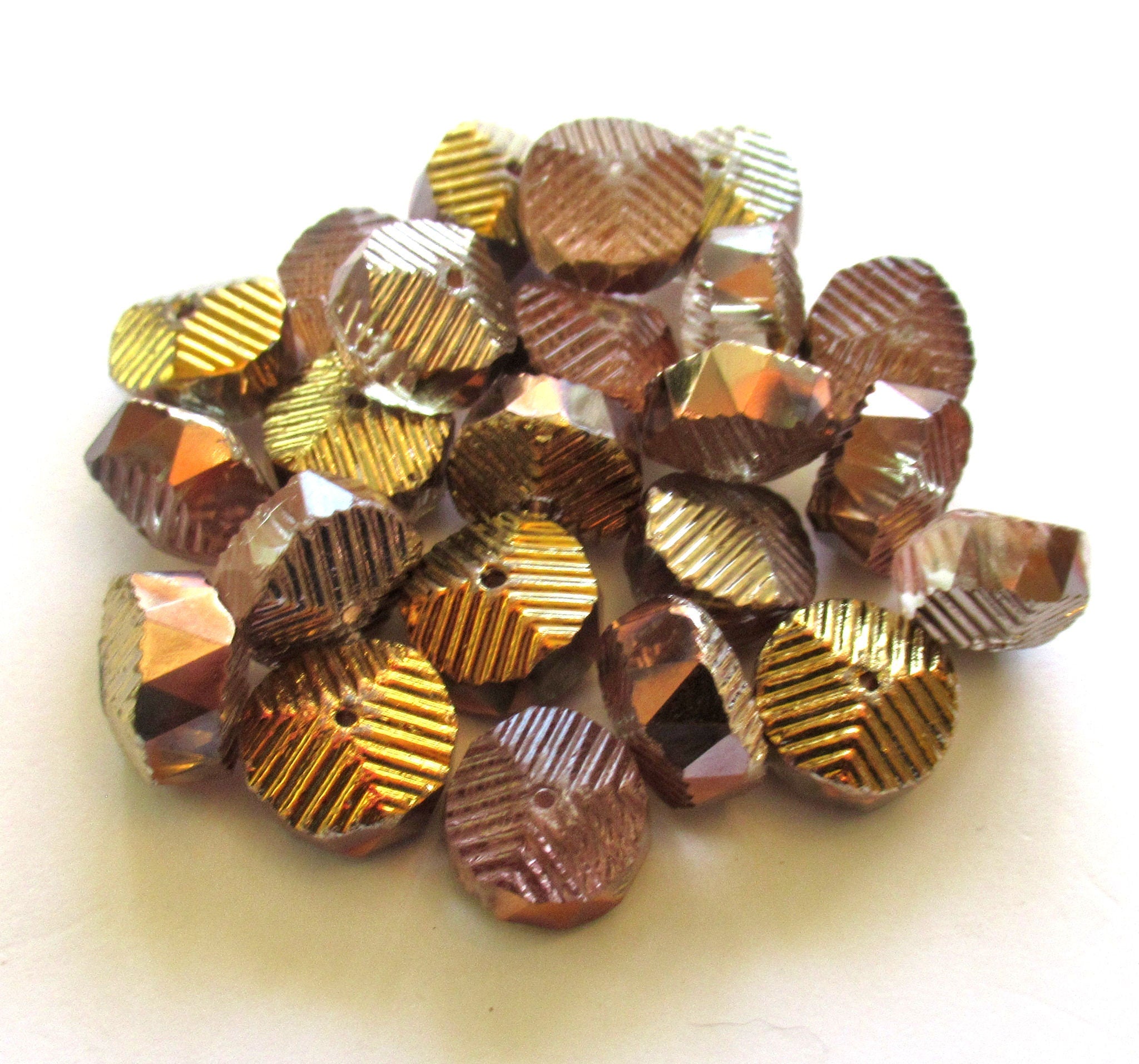 Six Czech glass faceted wavy rondelle beads - large 14 x 6mm copper and crystal mix chunky rondelles - C00941