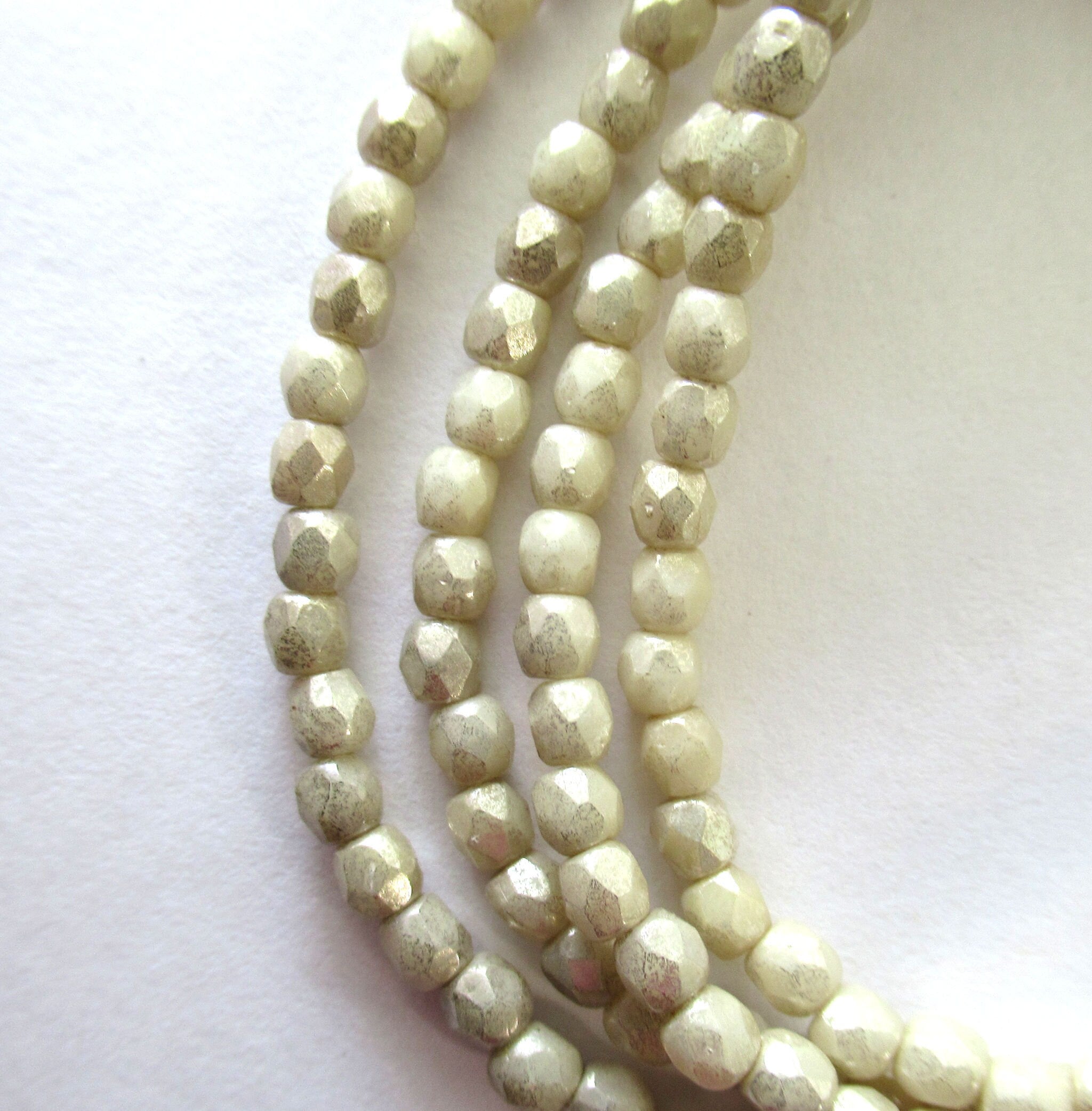 50 3mm Czech glass beads - opaque off white with a silver mercury finish - fire polished, faceted round beads C0028