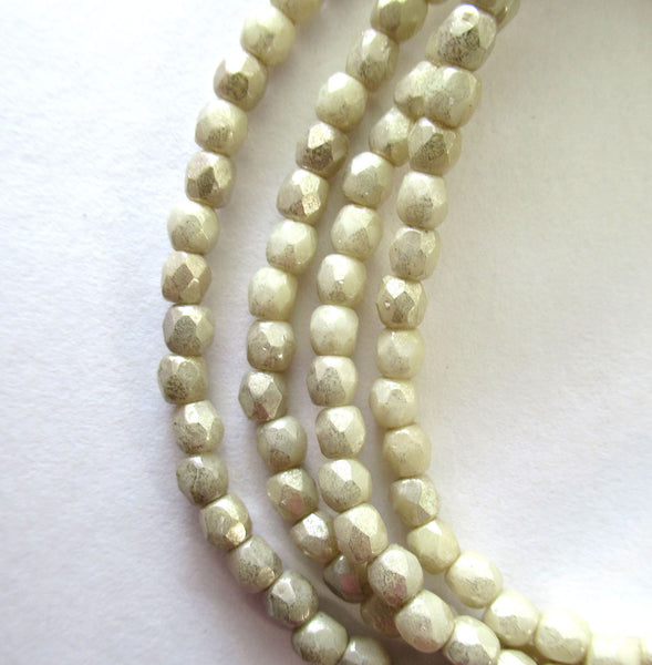 50 3mm Czech glass beads - opaque off white with a silver mercury finish - fire polished, faceted round beads C0028