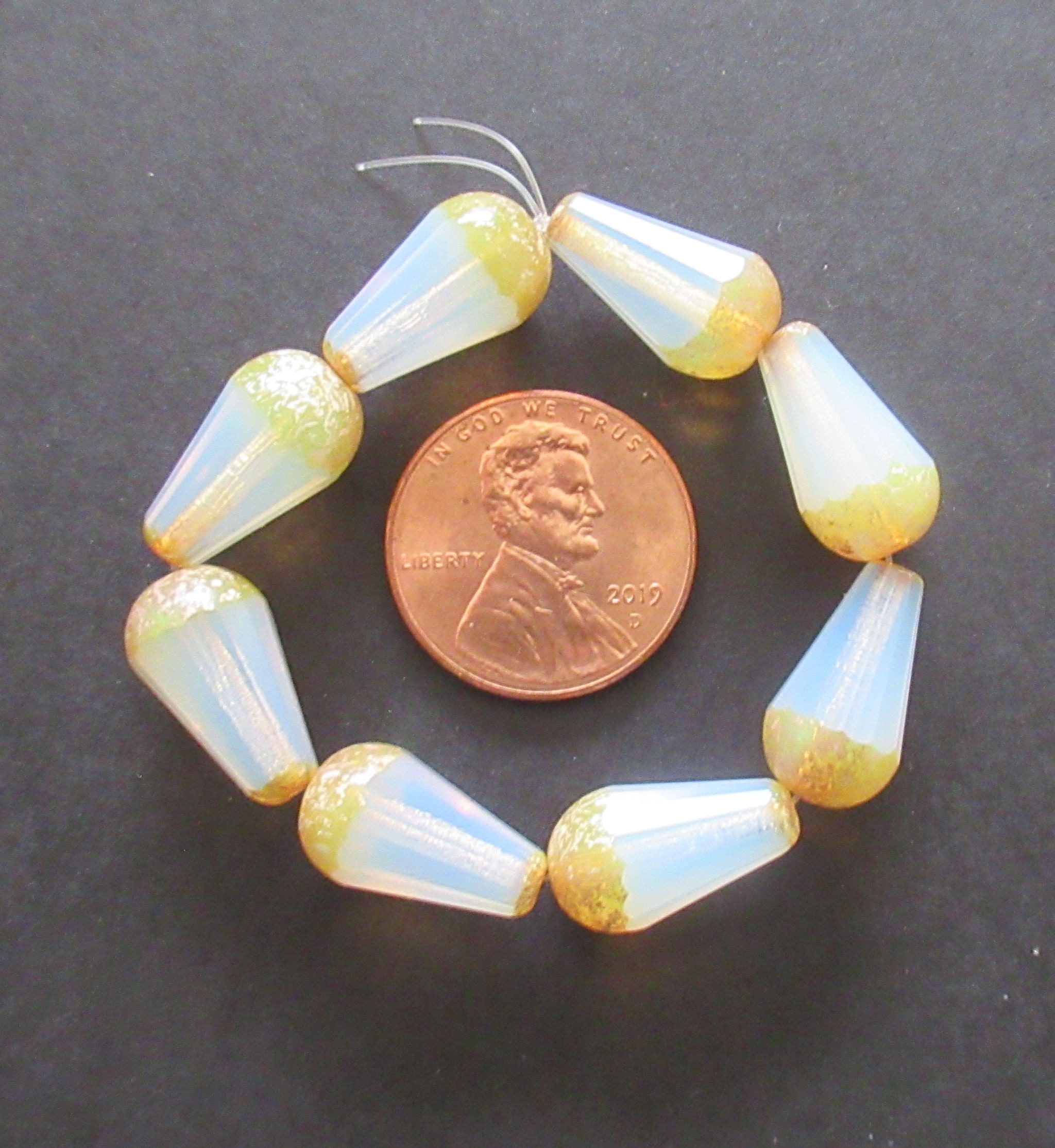 8 Czech glass faceted teardrop beads - 8 x 15mm milky white with a picasso finish on the ends - large drop beads - 00982