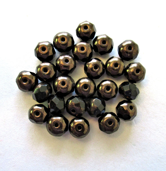 25 Czech glass puffy rondelle or donut beads - 5 x 7mm jet black beads w/ bronze finish on the ends - fire polished faceted rondelles 00612