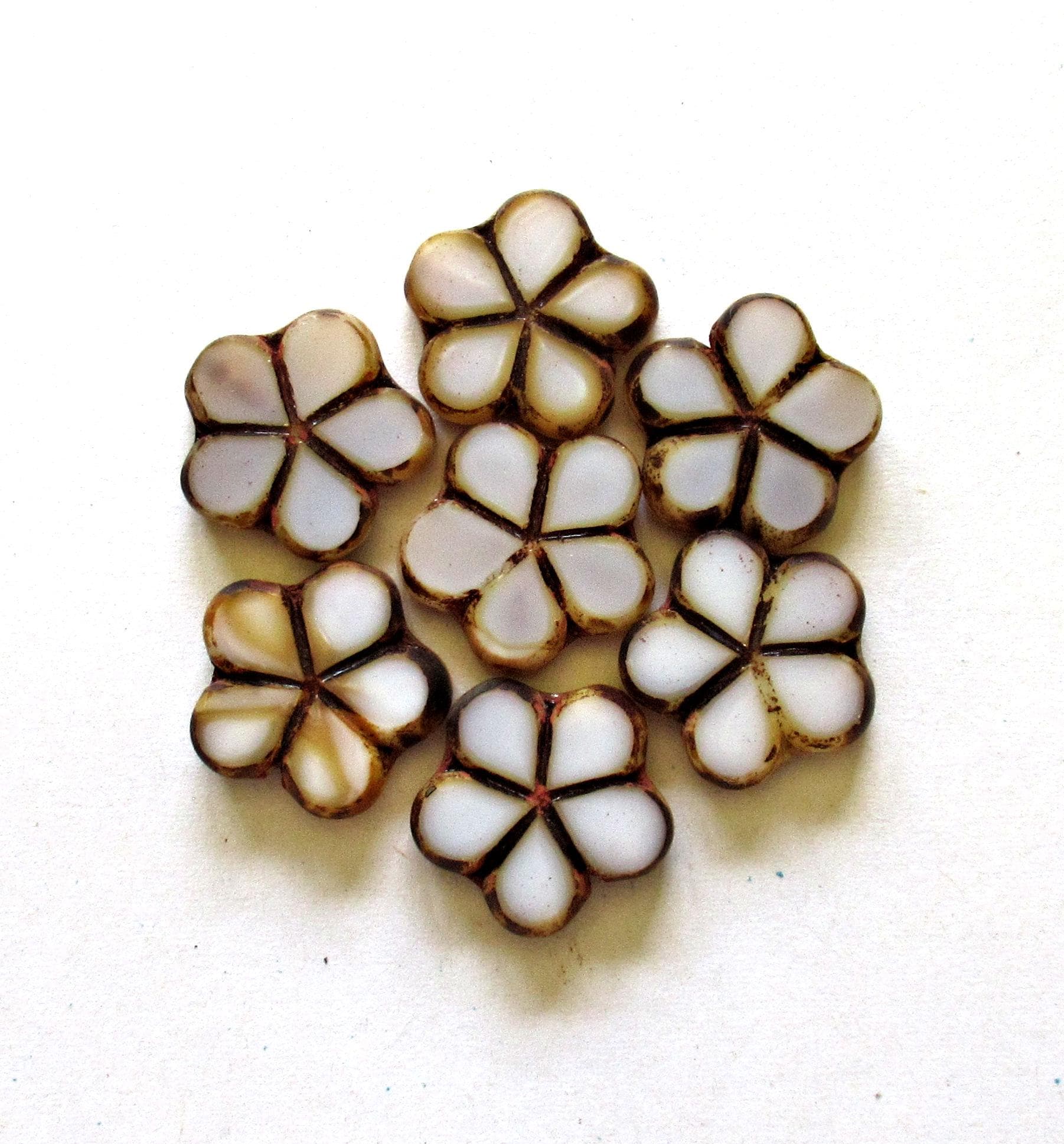five large Czech glass flower beads - 17mm - white picasso table cut & carved beads - C00722