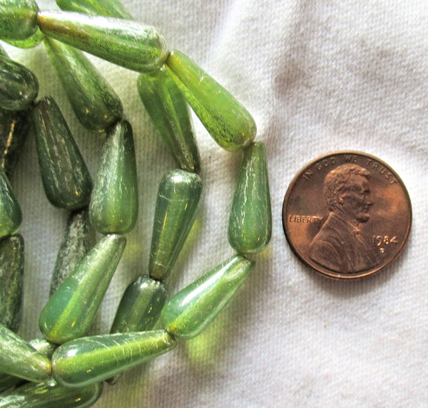 Lot of ten Czech glass teardrop beads - translucent green opal with a silvery mercury finish - 6 x 15mm elongated tear drops 82106