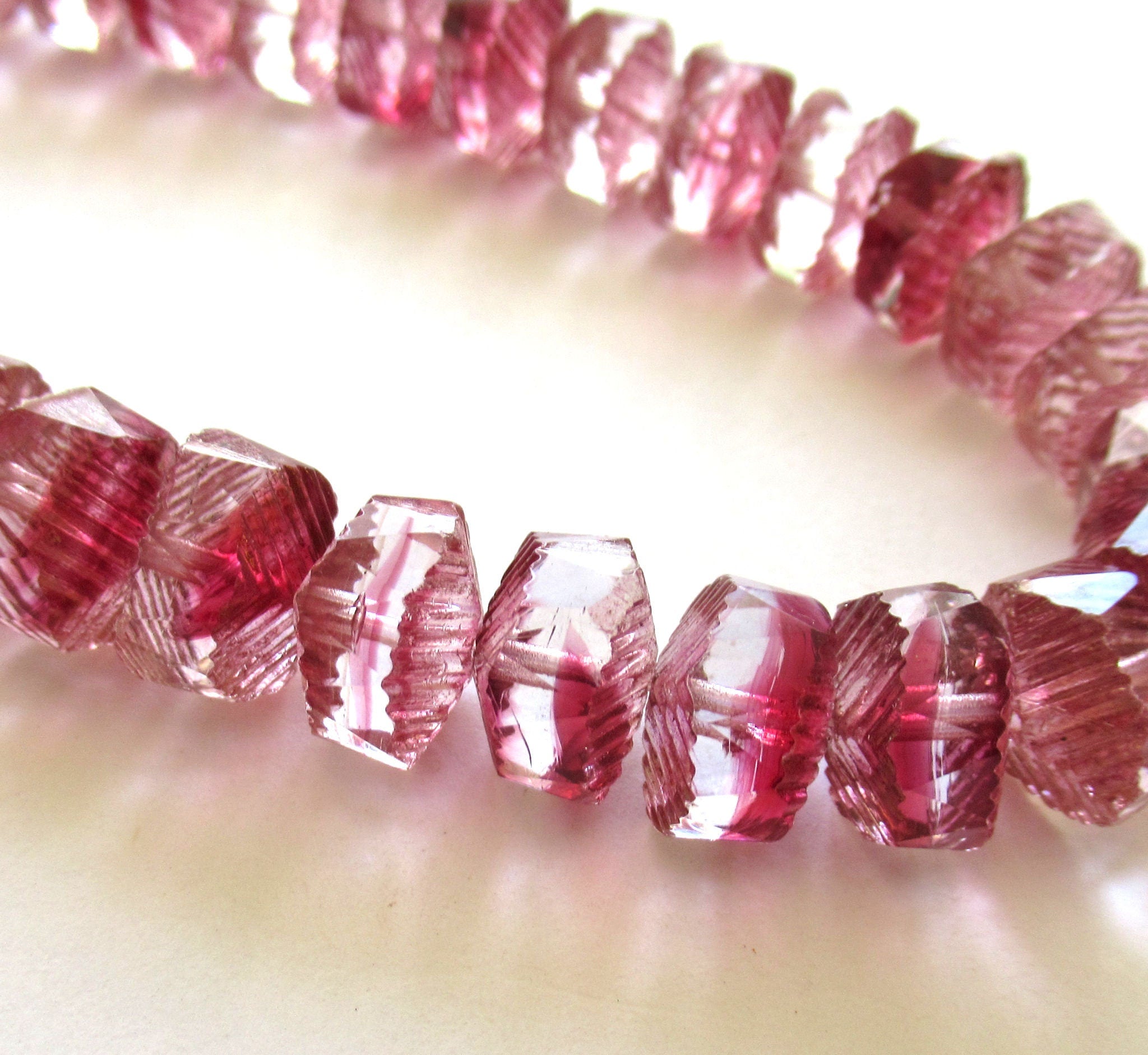 Lot of five Czech glass faceted wavy rondelle beads - large 14 x 6mm pink & crystal chunky rondelles - focal beads C00661