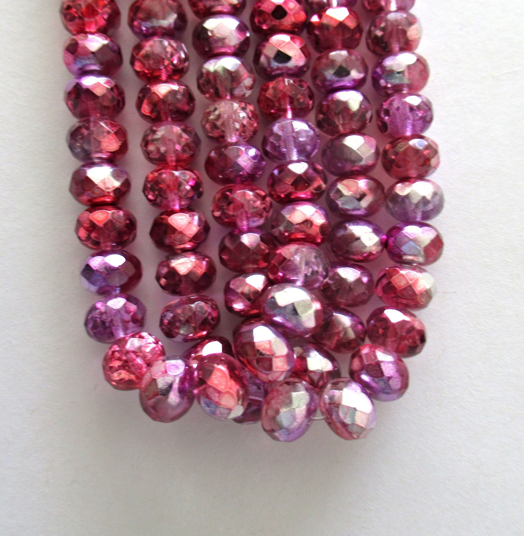 Lot of 25 6 x 9mm Czech glass puffy rondelle beads - pink mix metallic ab fire polished, faceted beads C00312