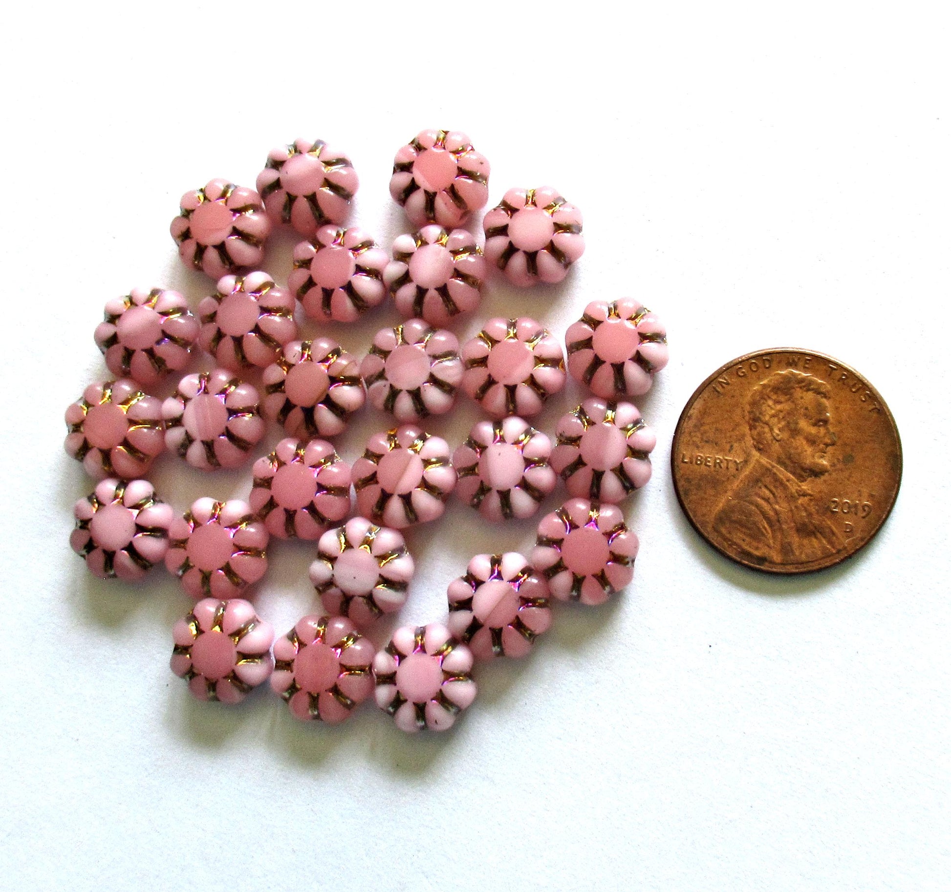15 Czech glass flower beads - light & dark pink with a metallic wash - 9mm - cactus flower beads - C00402 - Glorious Glass Beads