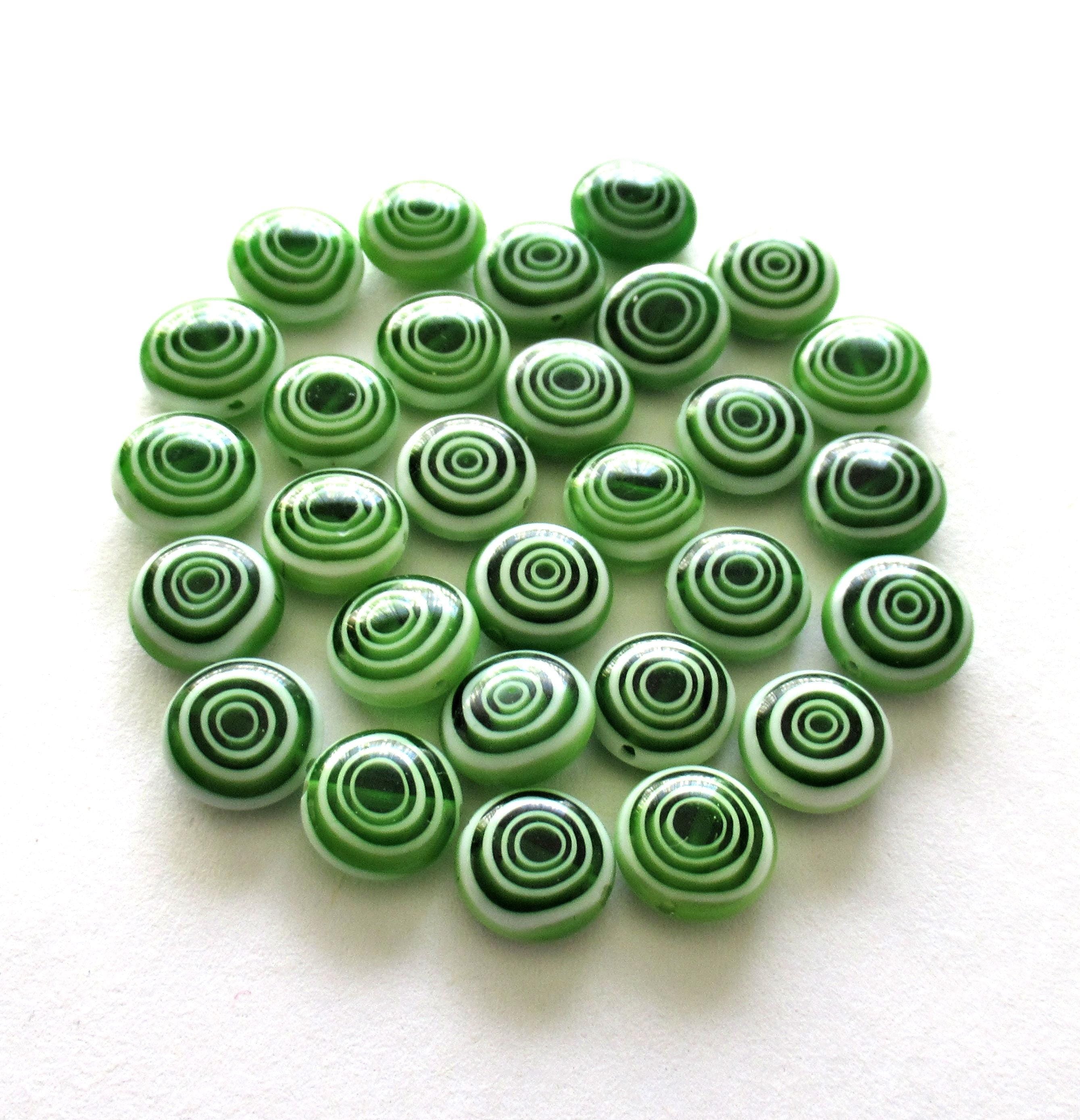 Ten 10mm glass coin beads - emerald green and white disc beads - target or concentric circles beads - C0001