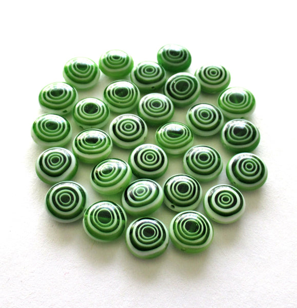 Ten 10mm glass coin beads - emerald green and white disc beads - target or concentric circles beads - C0001