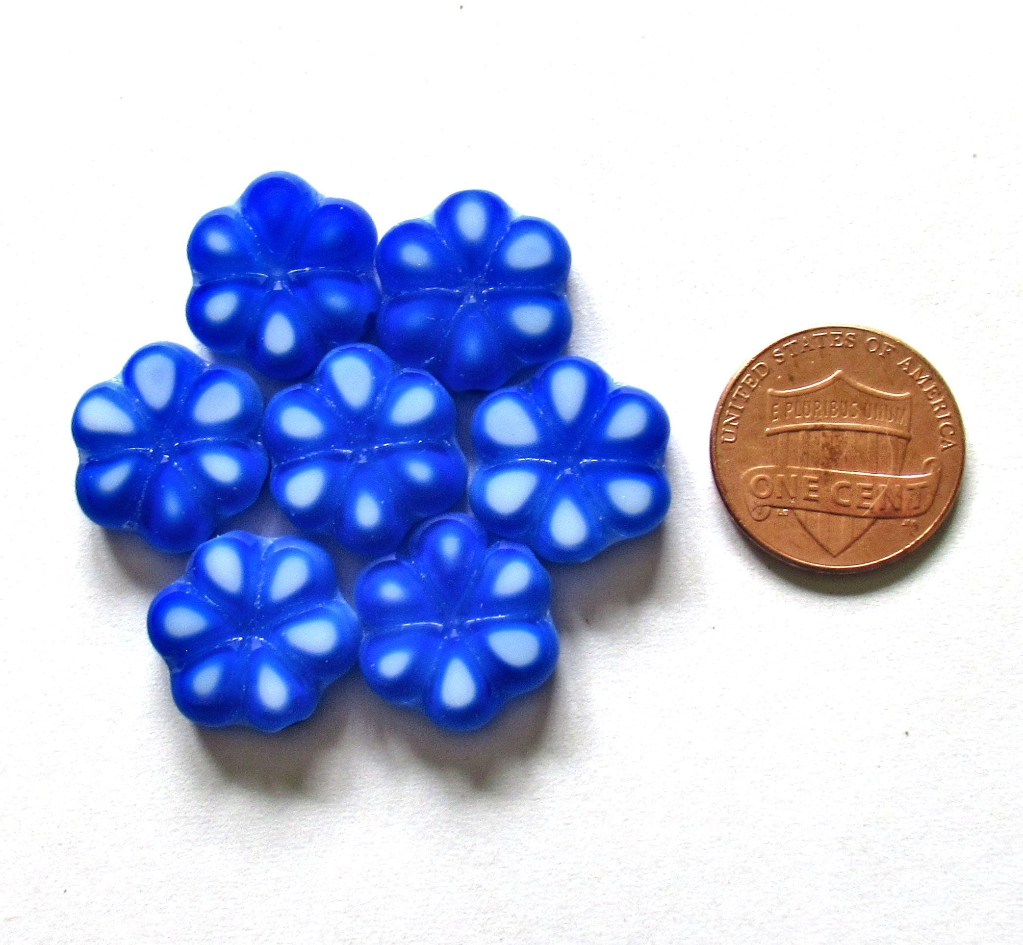 Lot of five Czech glass flower beads - 15mm - opaque blue & white table cut beads - C00302