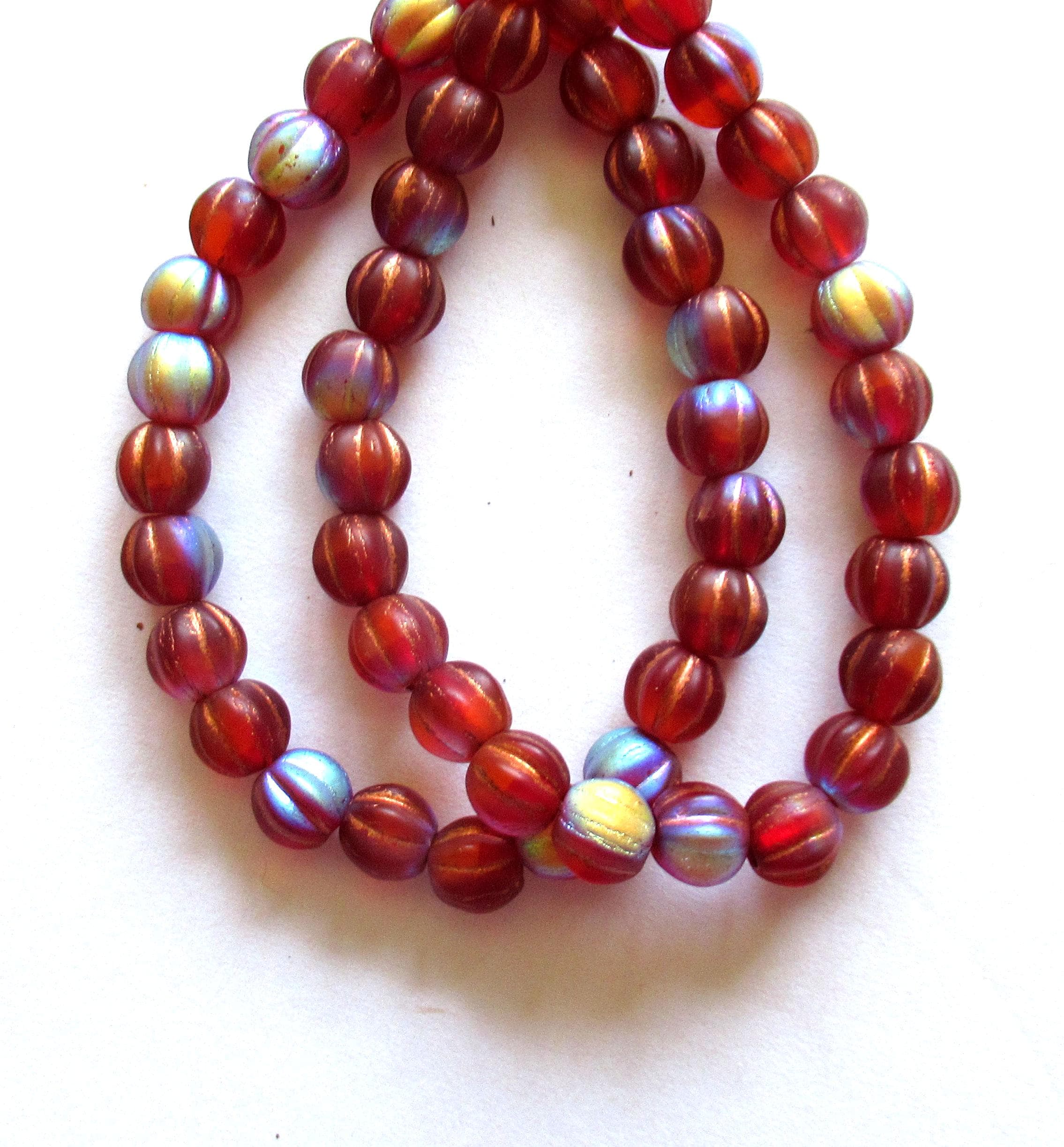 25 6mm Czech glass big hole melon beads - 6mm - matte ruby red ab with a copper wash - C00601