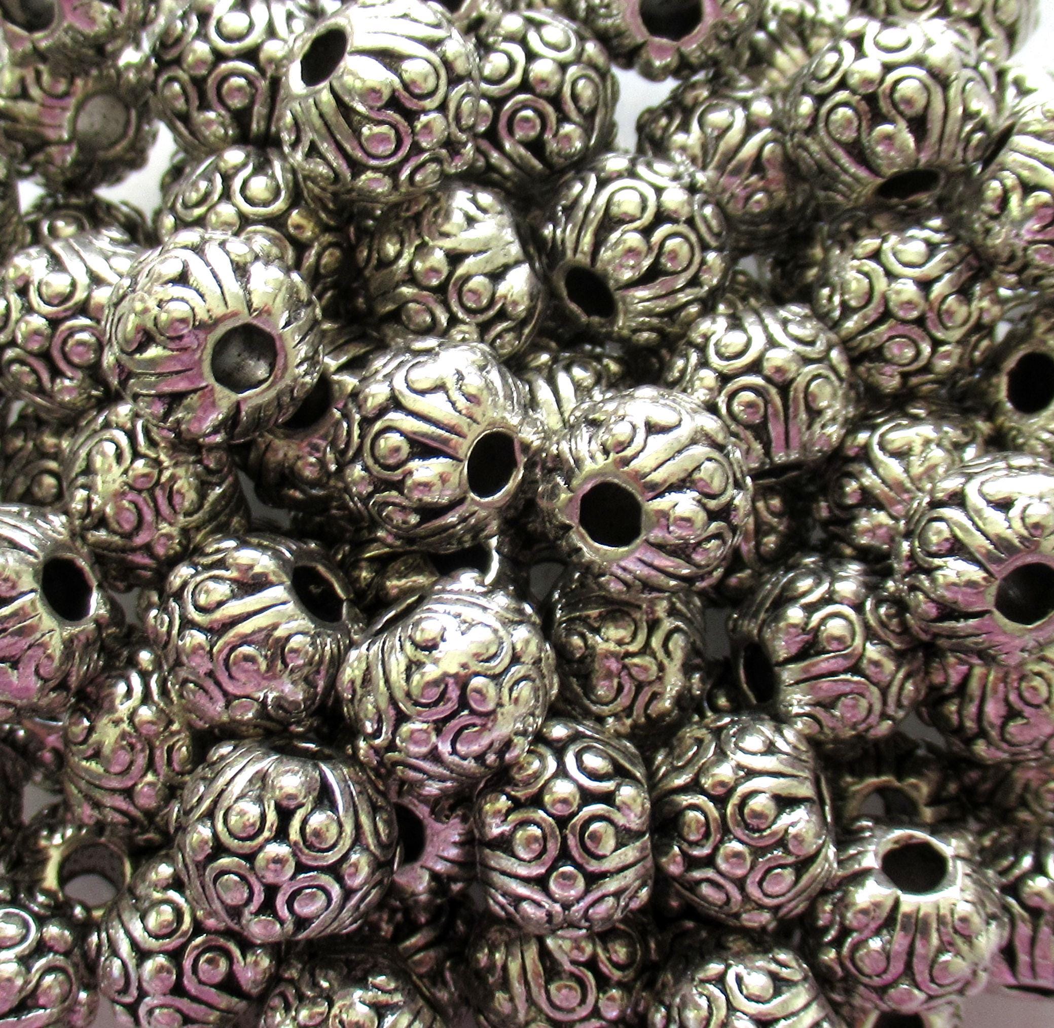 Antique Tibetan style - silver tone metal alloy beads - 10mm - ornate round big hole beads - 15 pieces - C00051