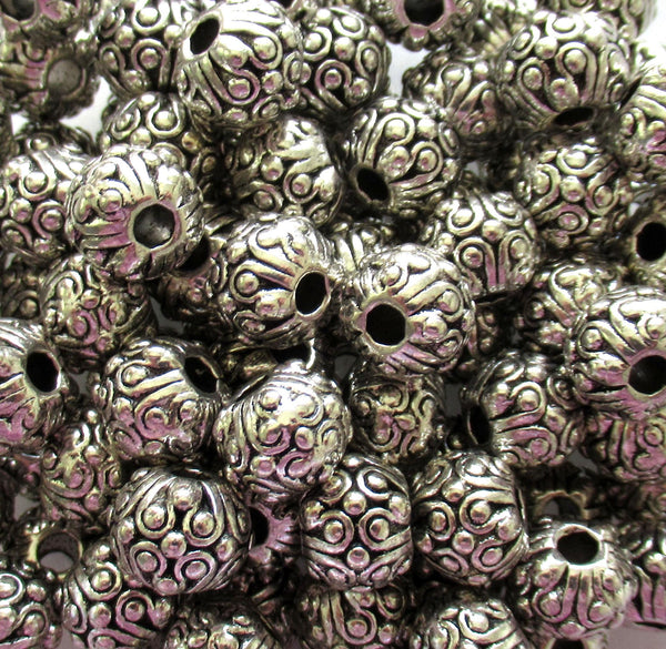 Antique Tibetan style - silver tone metal alloy beads - 10mm - ornate round big hole beads - 15 pieces - C00051