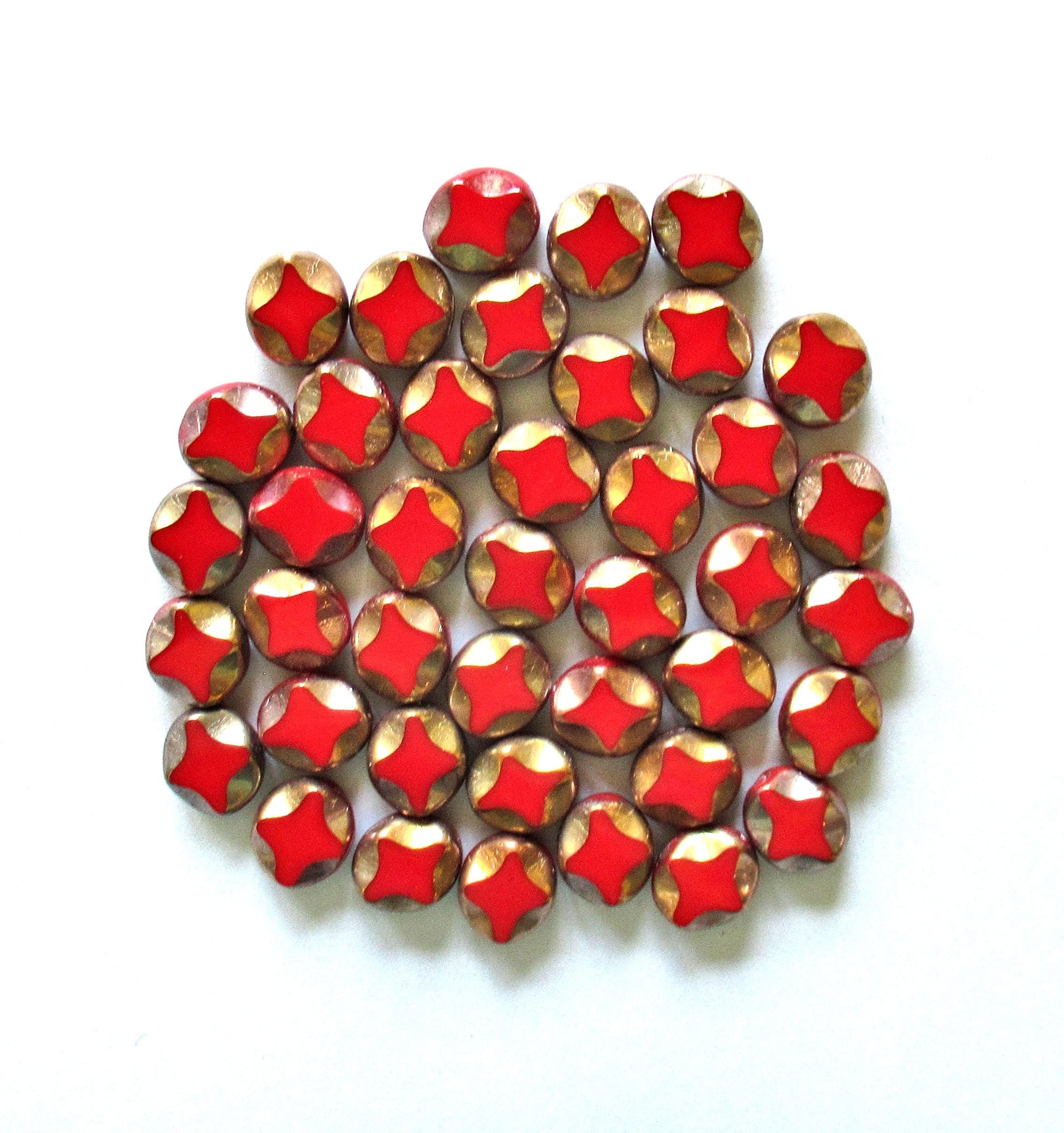 10 Czech glass oval beads - 9 x 8mm - red oval with gold accents - carved table cut beads with a diamond pattern - C00121