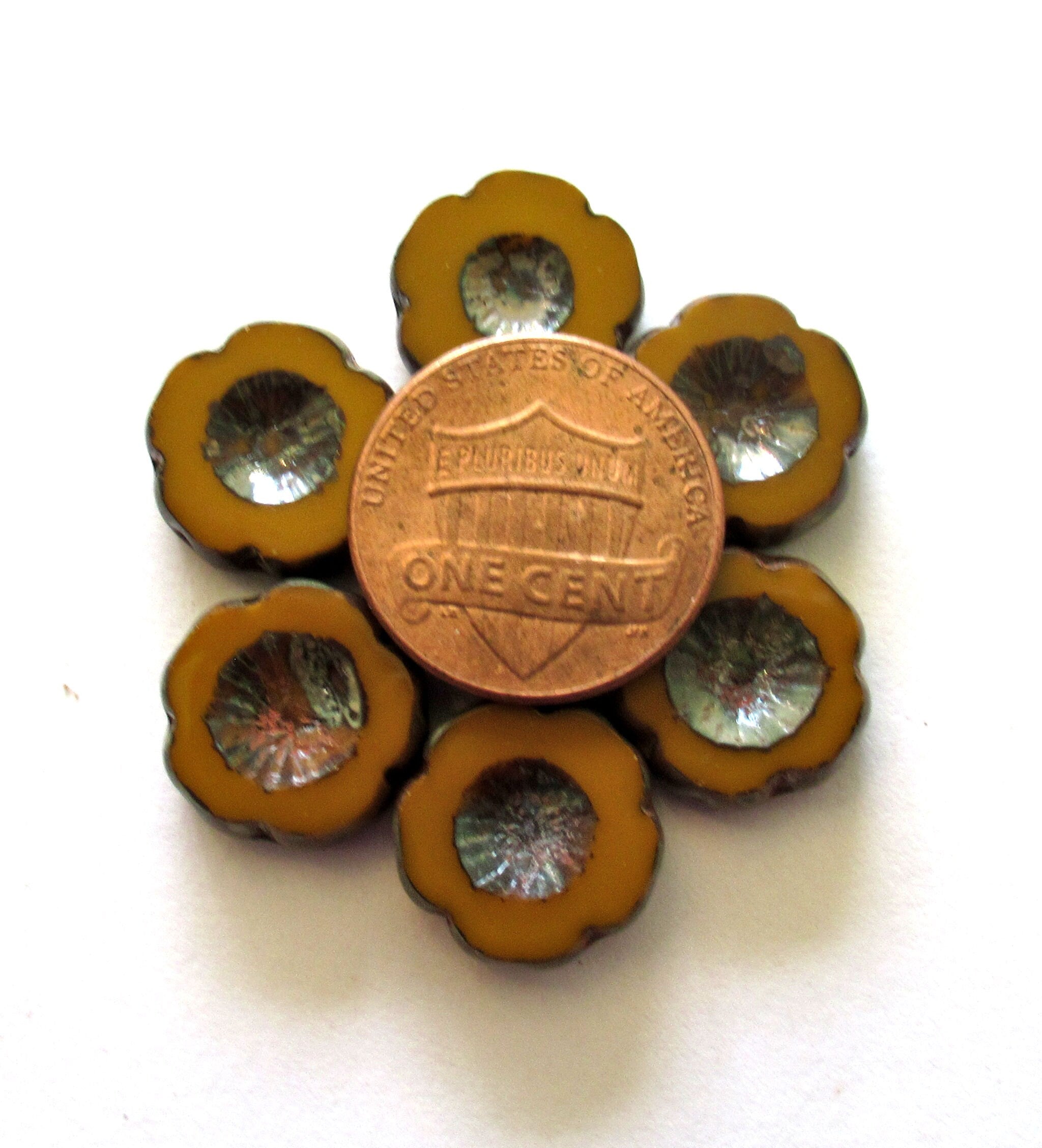Five Czech glass flower beads. 14mm table cut, carved, opaque umber brown picasso Hawaiian hibiscus earthy rustic flower beads C00001