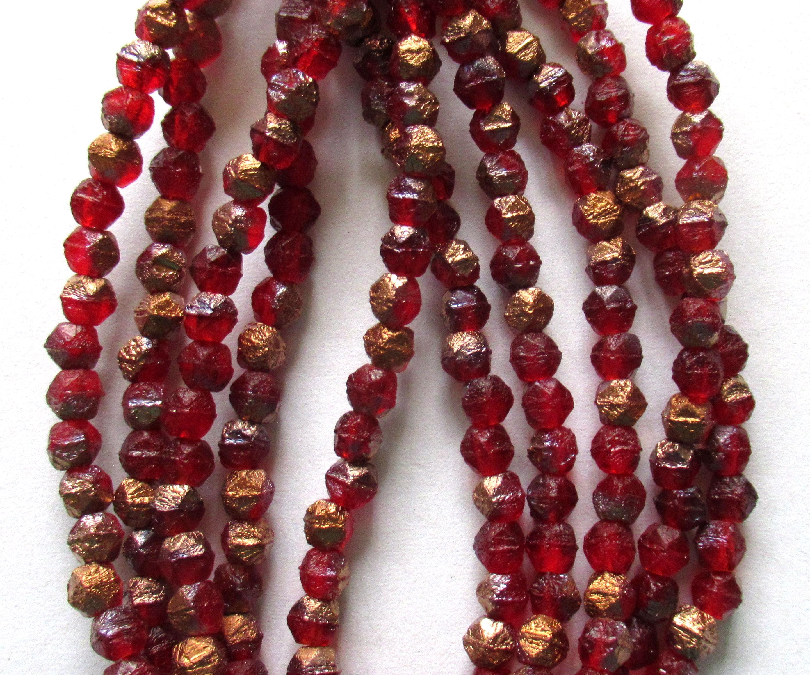 50 4mm Czech glass etched English cut beads - ruby red beads with copper accents - C00311