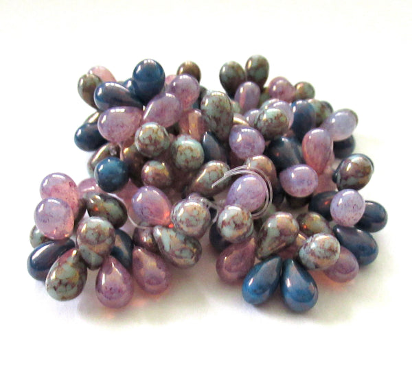 25 Czech glass drop beads - pink mint green & blue picasso color mix - smooth teardrop beads - 9 x 6mm C00081