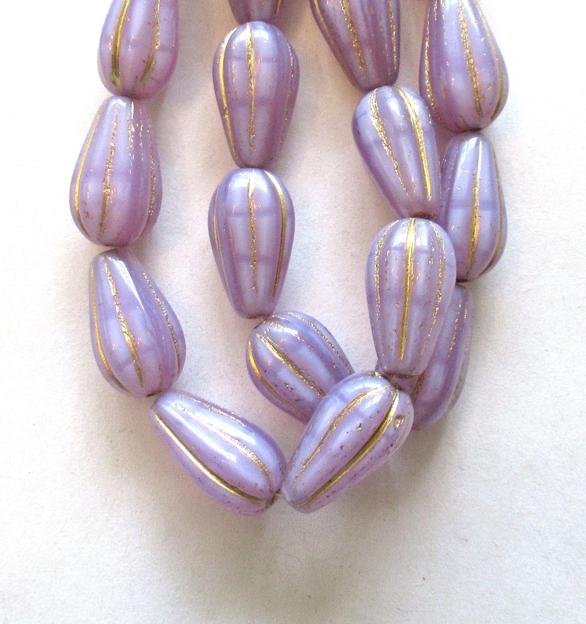 Ten Czech glass teardrop melon beads - silky lavender purple lilac opal w/ gold accents - 15 x 8mm tear drops 00851