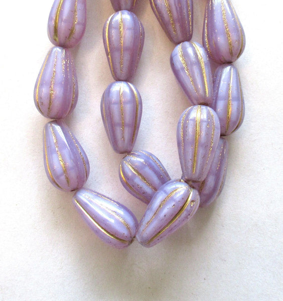 Ten Czech glass teardrop melon beads - silky lavender purple lilac opal w/ gold accents - 15 x 8mm tear drops 00851