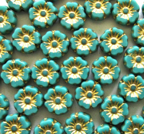 12 small Czech glass flower beads - 7mm - table cut carved - opaque turquoise green w/ a gold wash - Hawaiian Hibiscus floral beads - C0601