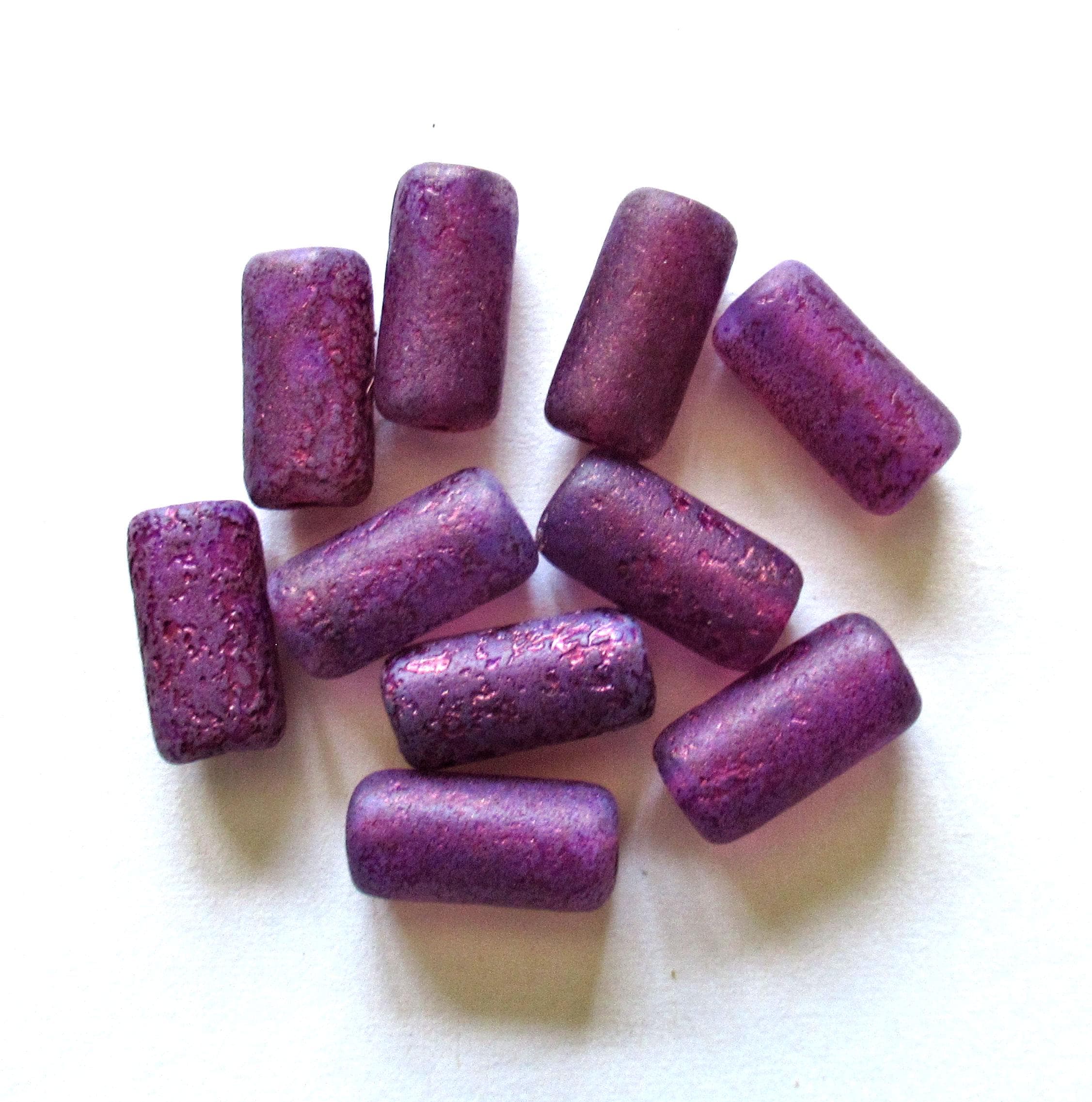 Ten Czech glass tube beads - etched purple w/ big 2mm holes - 7 x 14mm - C00052