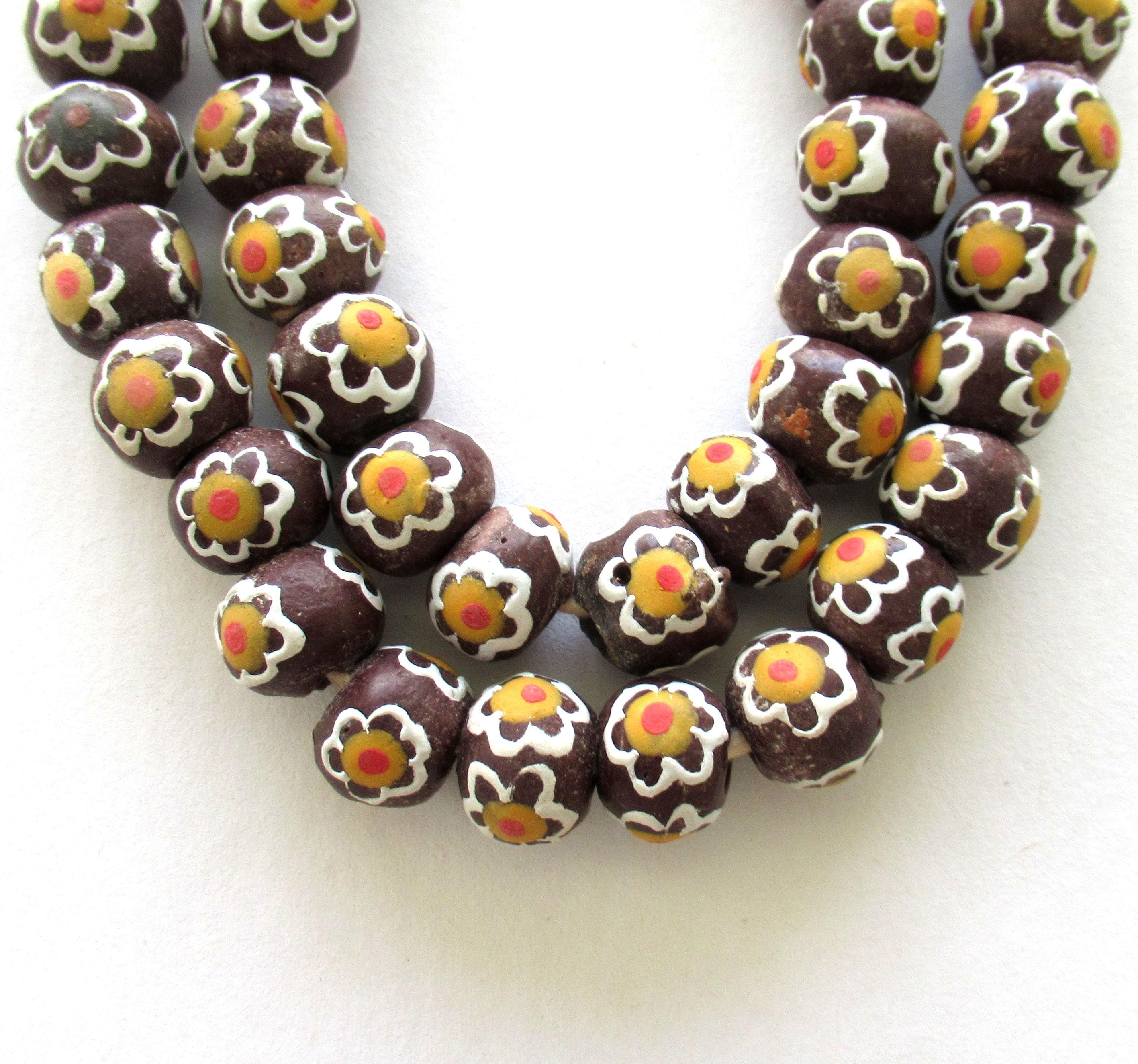 African Ghana Krobo glass donut or rondelle beads - brown floral beads - 12mm - big hole rustic beads - 8 beads - C00021