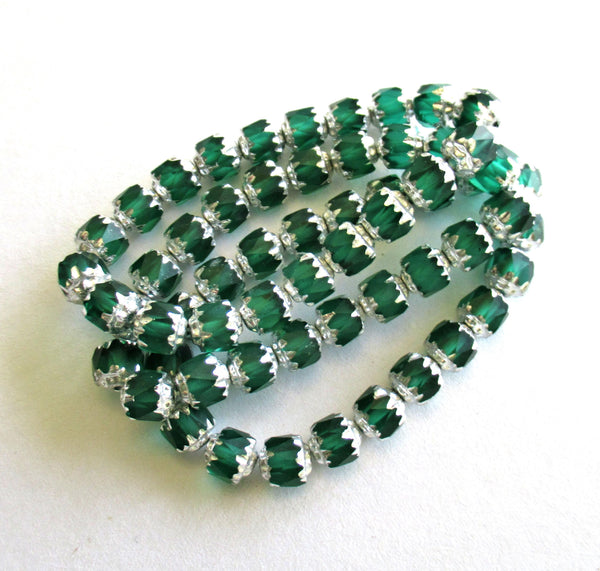 20 6mm Czech glass cathedral beads - emerald green w/ silver picasso accents - faceted fire polished antique cut beads C00611