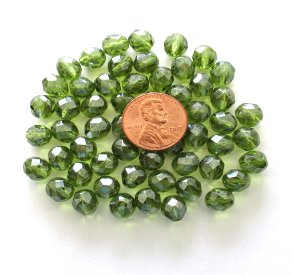 25 8mm Czech glass beads - olivine green iridescent shimmer faceted beads - C0037
