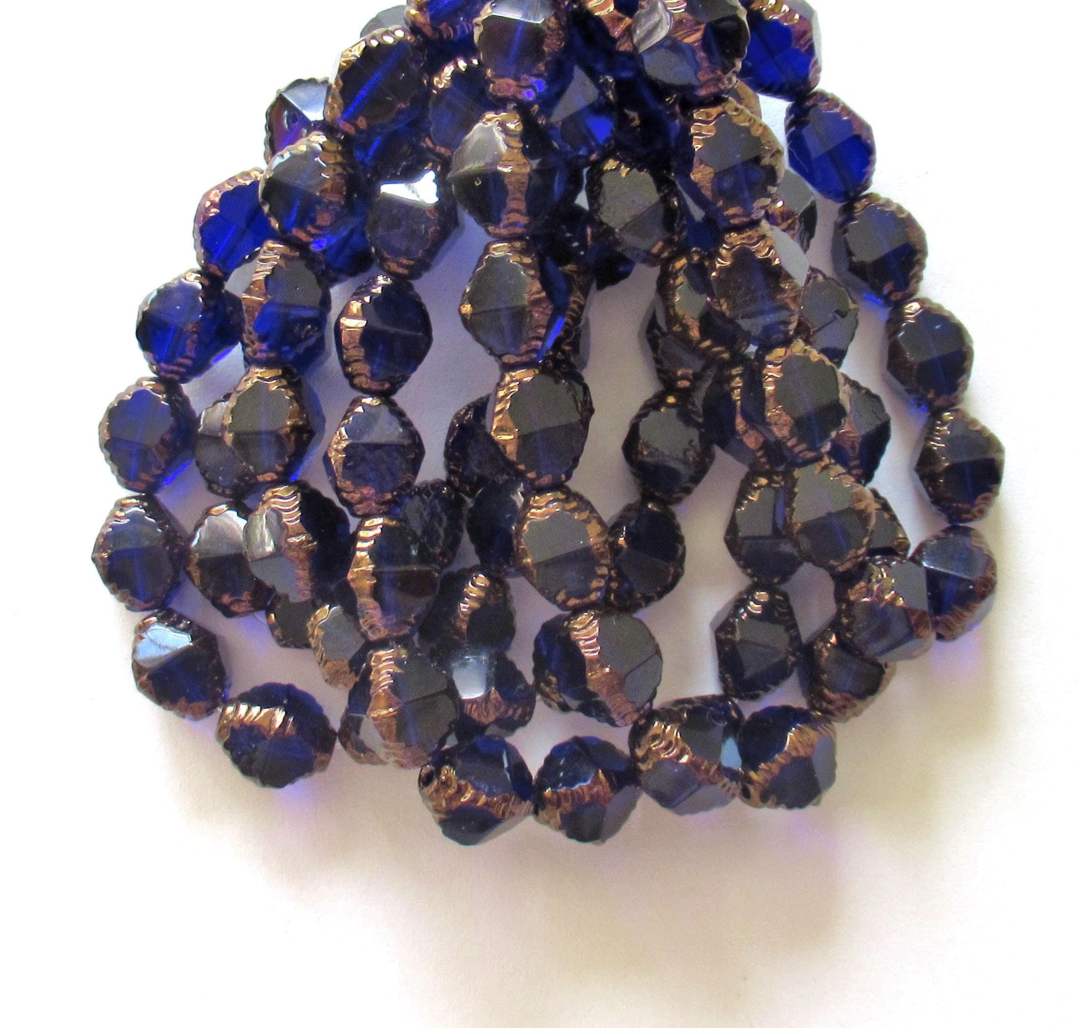 15 Czech glass bicones - 8 x 10mm cobalt blue w/ bronze accents - carved notched bicone beads - C00542