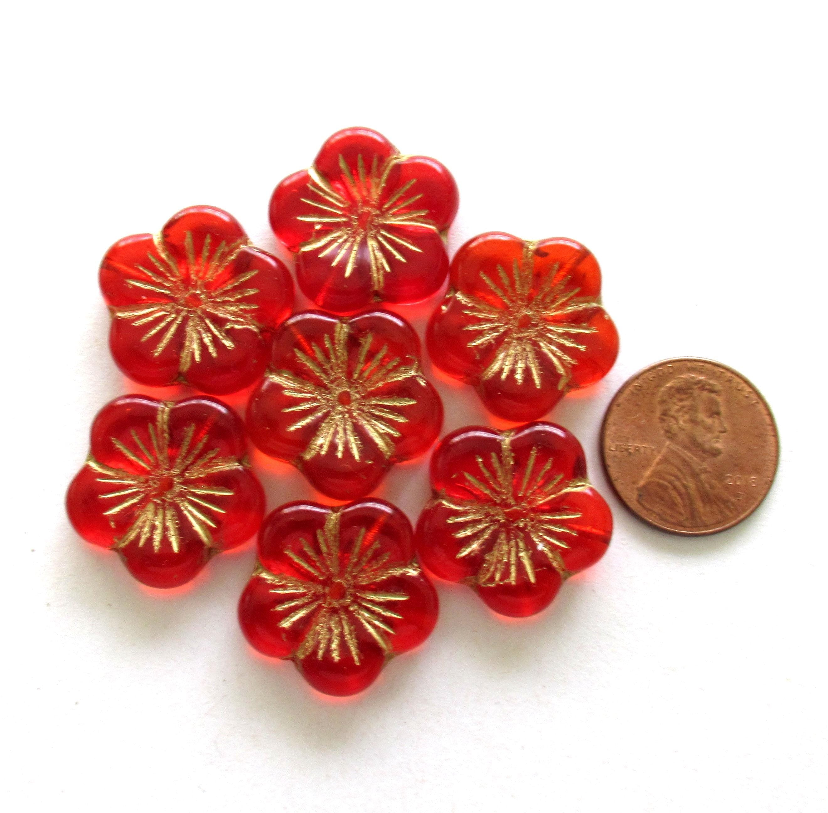 Four large Czech glass flower beads - siam red pansy beads with gold accents - beads - focal or statement beads - 20mm - 00521