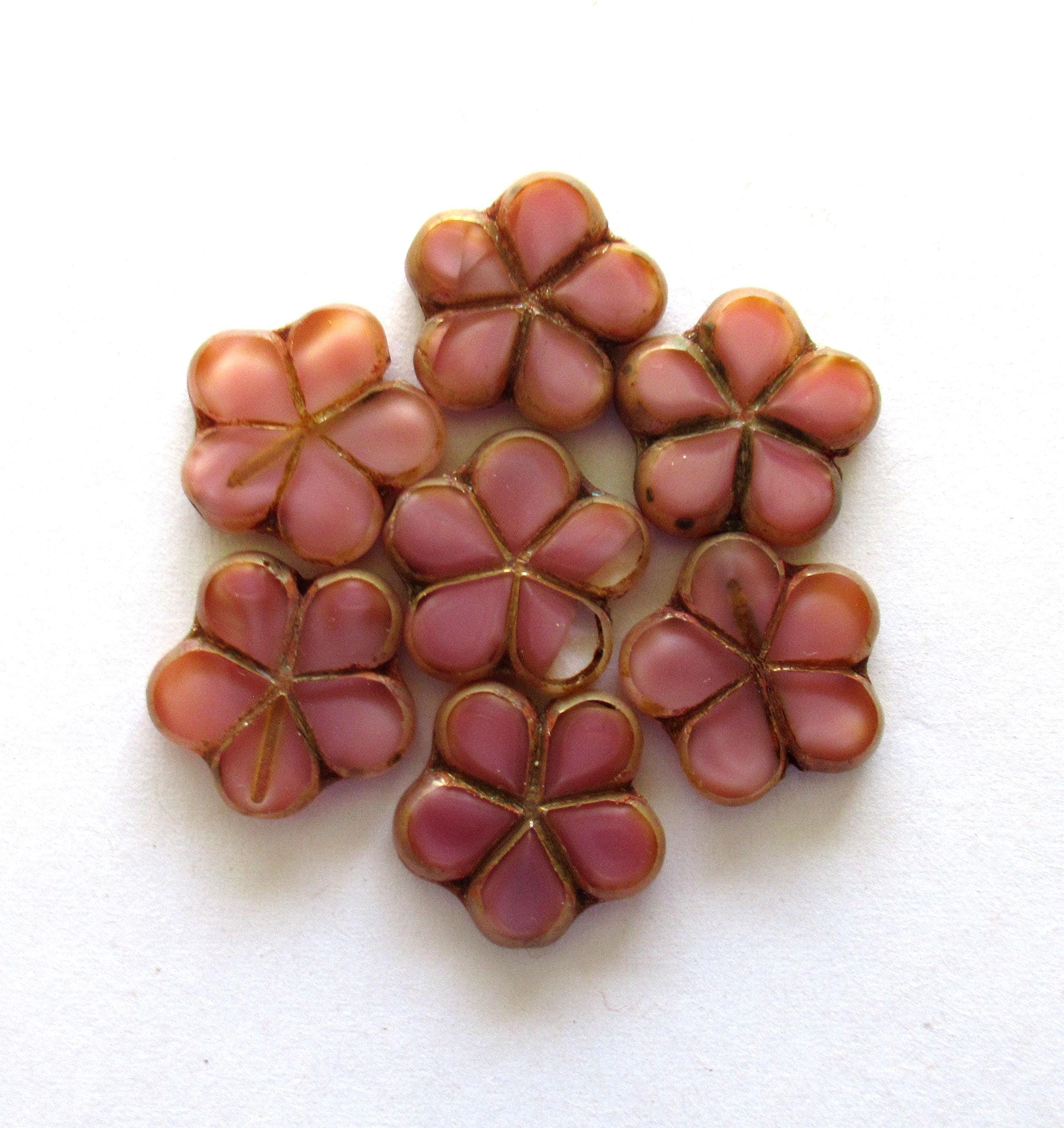 5 Czech glass flower beads - 17mm - translucent pink with brown picasso accents - table cut carved beads - 00561