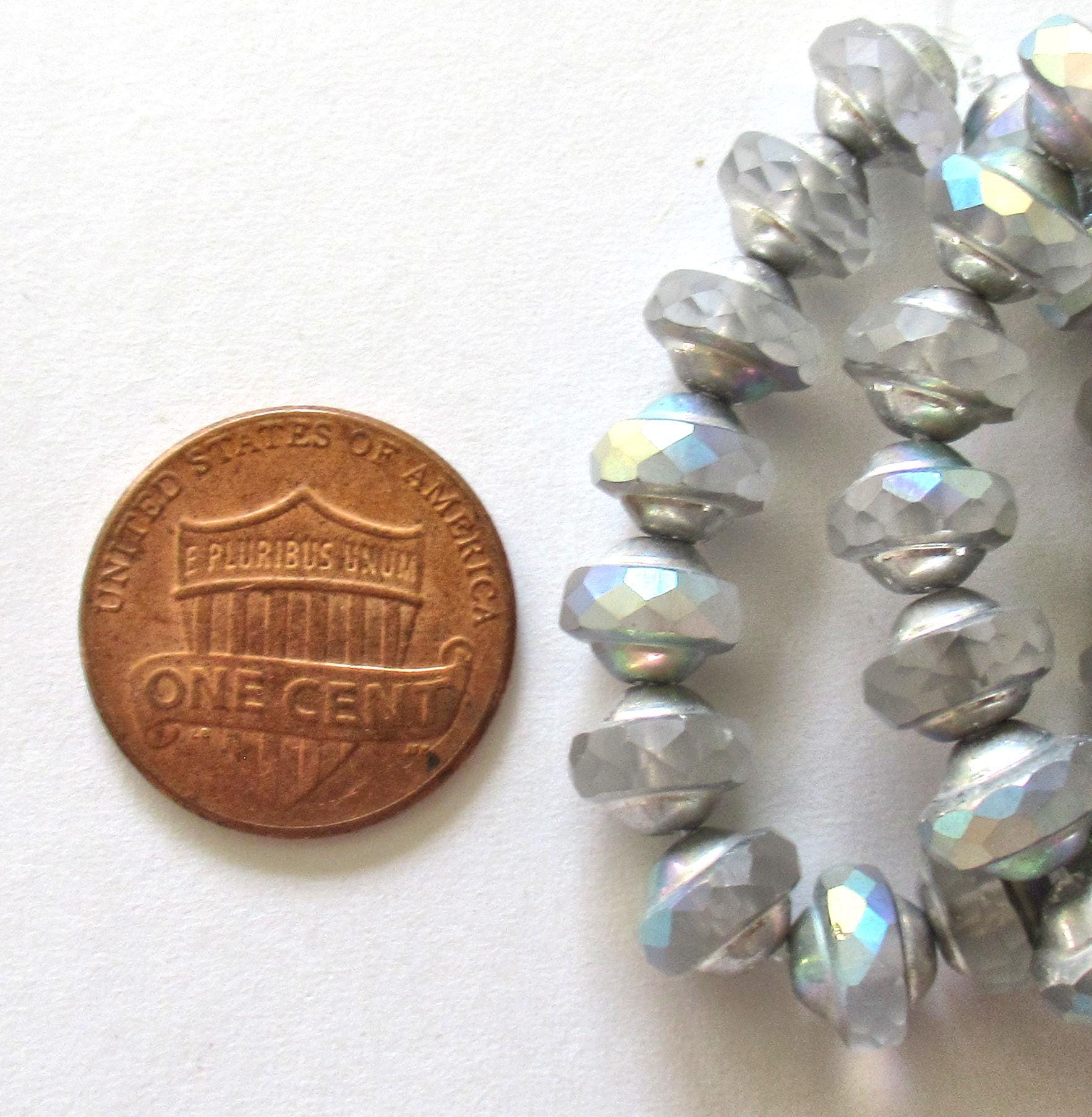 15 Czech glass mini gray saturn or saucer beads - crystal clear w/ silver and ab accents - 6 x 8mm - C00522