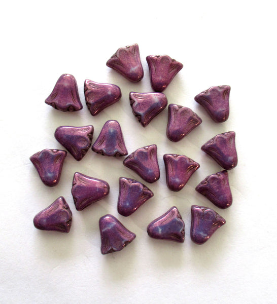 15 Czech glass flower beads - 10 x 10mm opaque purple beads with a luster finish - lily flower beads - 00601
