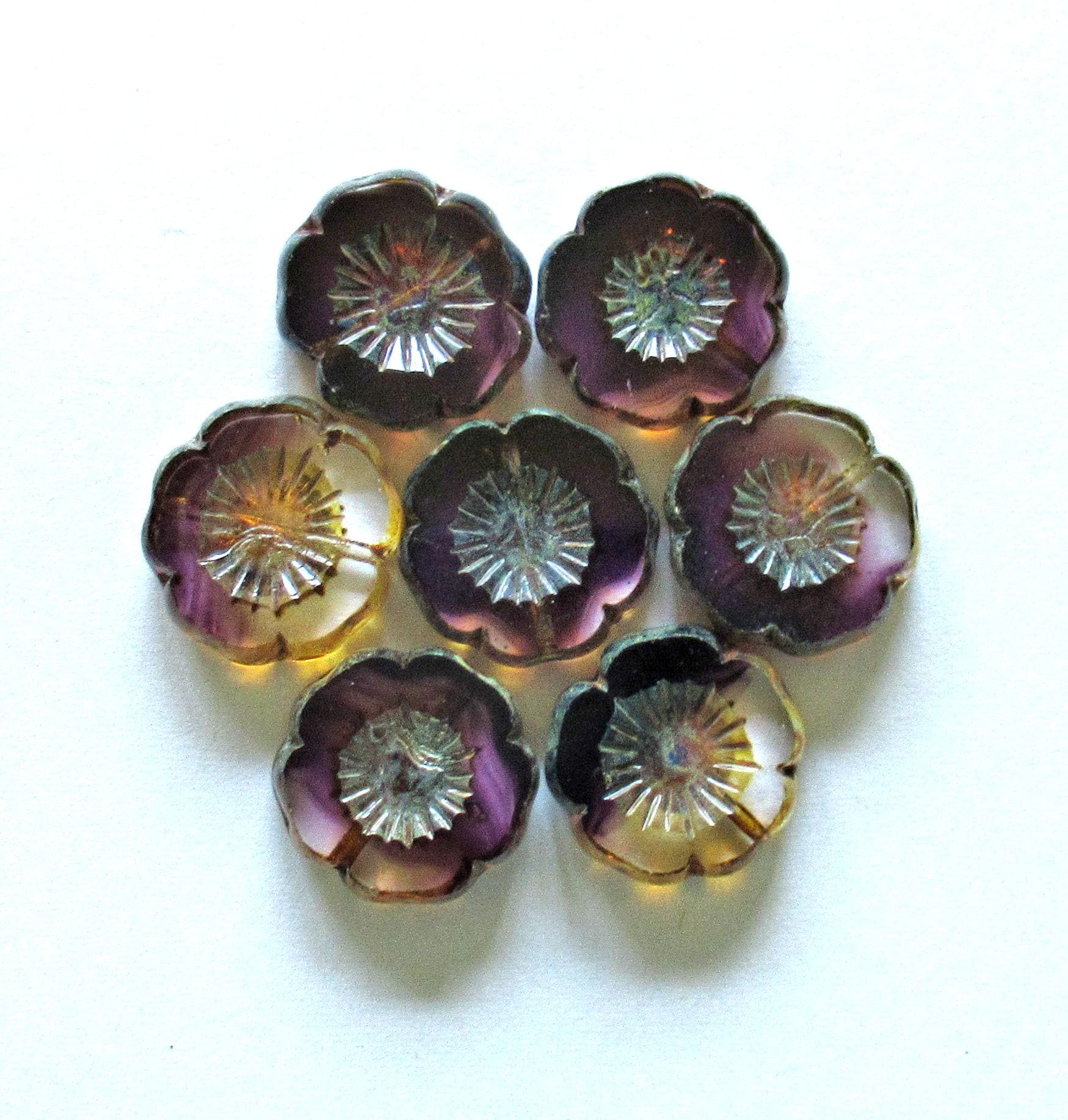 Five large Czech glass flower beads - 16mm - amethyst purple & clear - table cut carved - Hawaiian hibiscus flowers - C00622