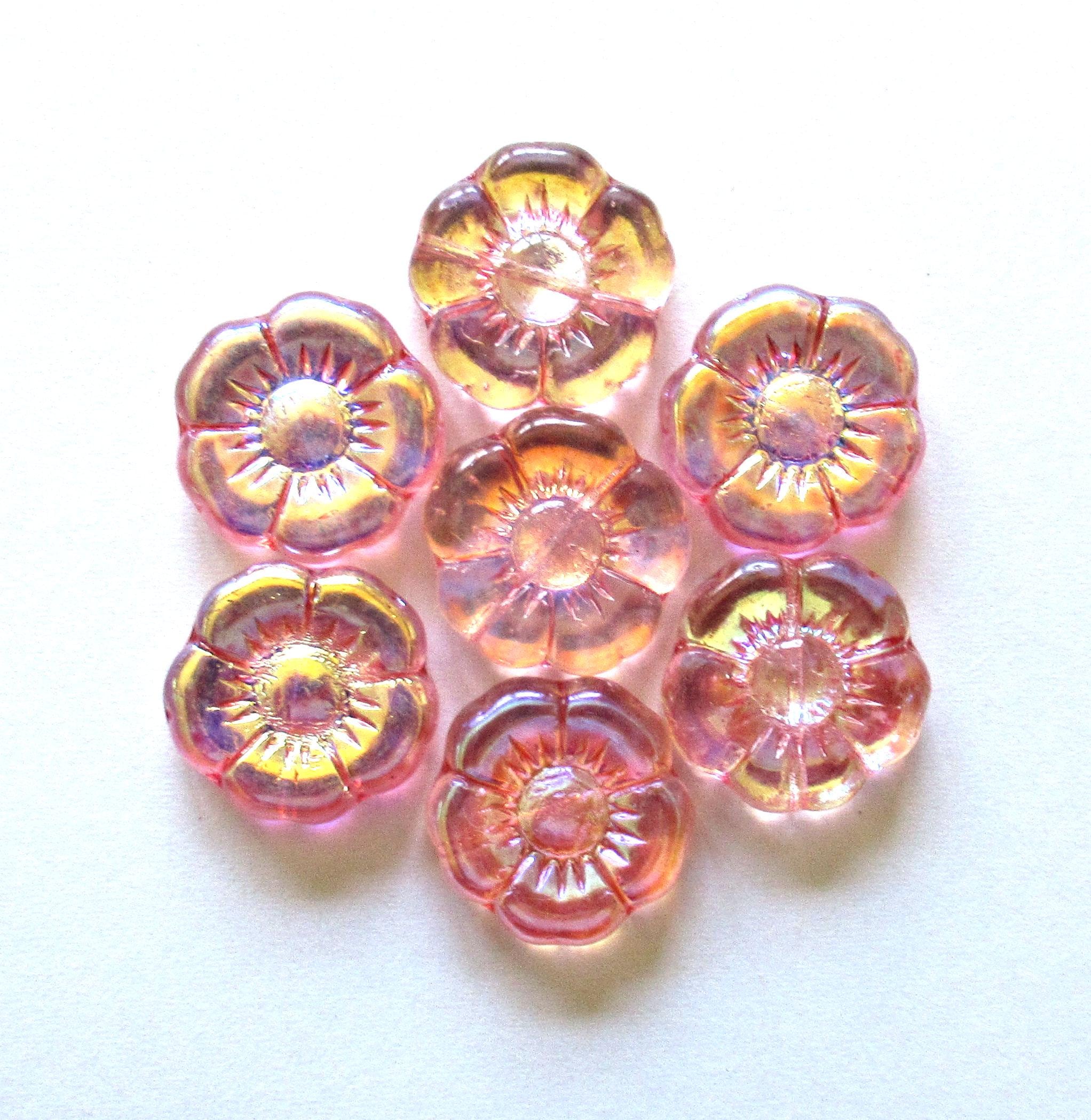 4 large Czech glass flower beads - pink w/ ab AB finish on one side - 18mm - 00921