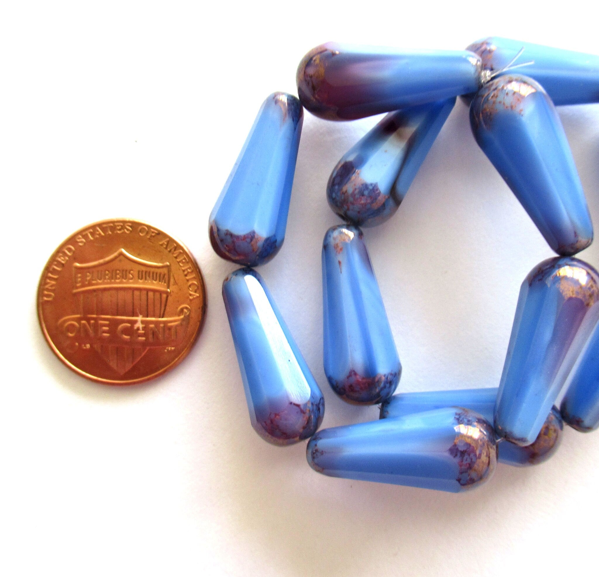 Six Czech glass 20mm faceted teardrop beads - opaque cornflower blue drop beads with purple streaks - 9 x 20mm elongated tear drops 00262
