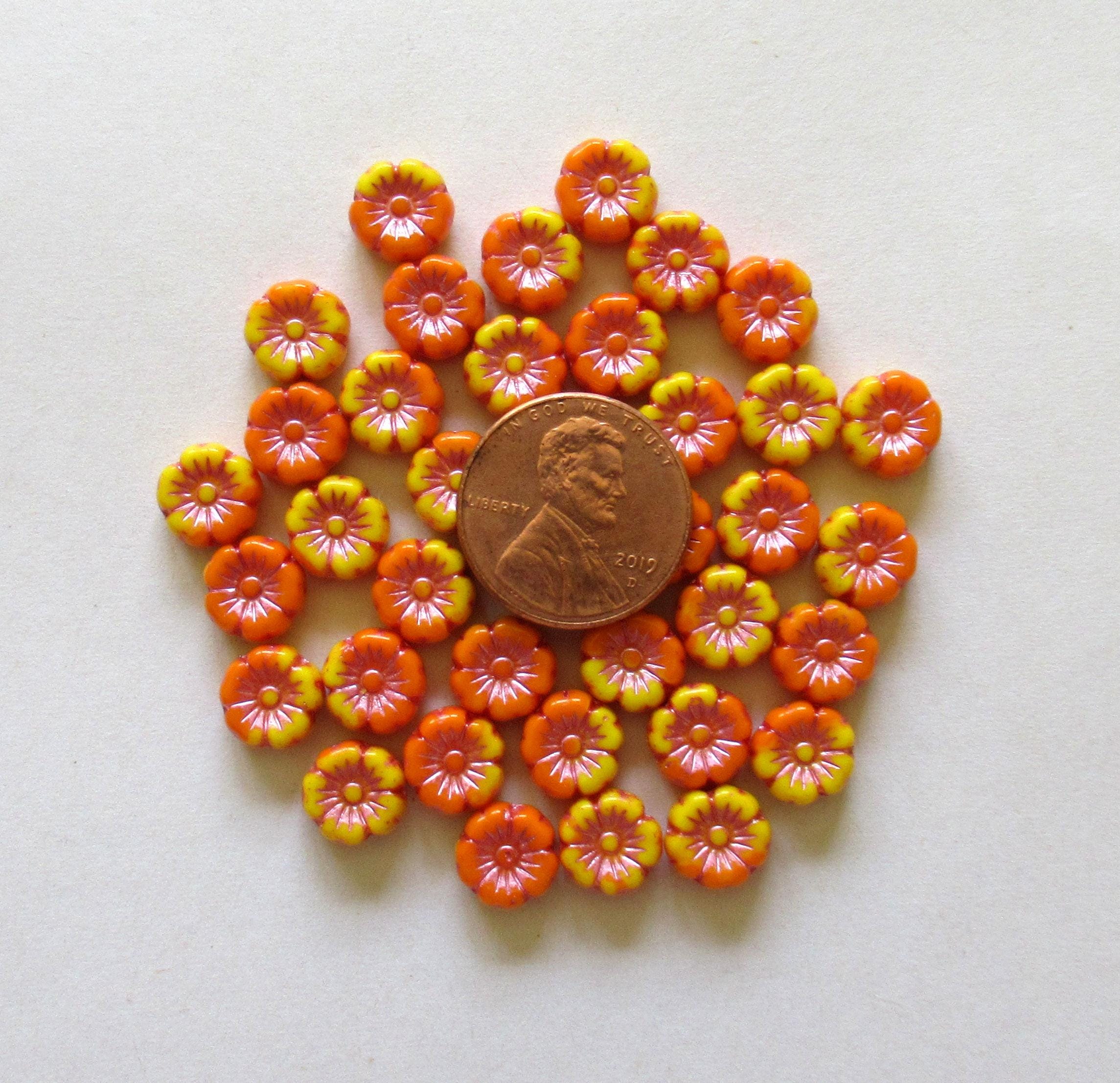 Lot of 15 8mm Czech glass flower beads - marbled opaque orange and yellow mix w/ pink centers - Hawaiian hibiscus flower beads C00701