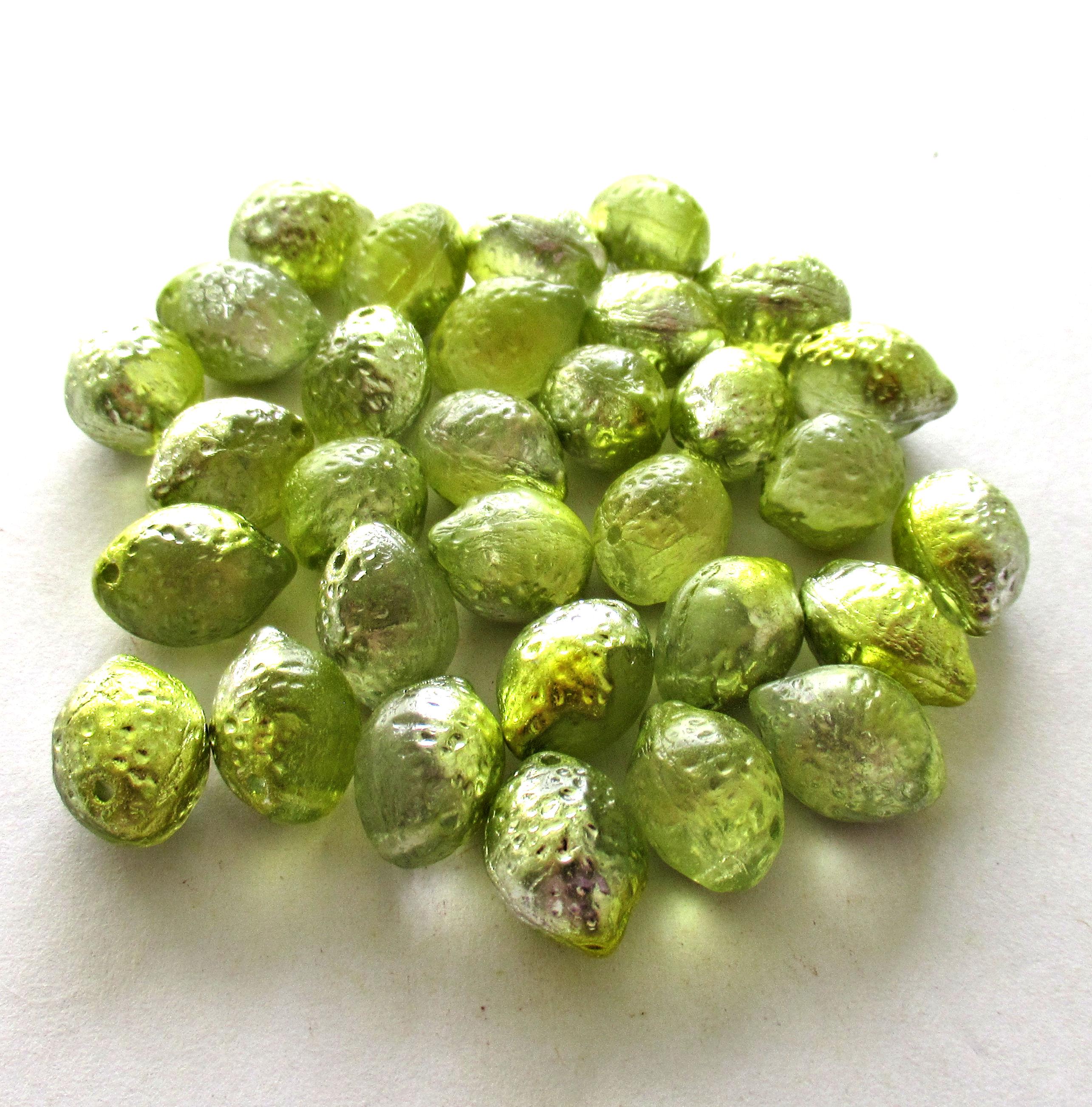 Lemon shaped drop beads - 14 x 10mm - yellow green & silver - side drilled - pressed Czech glass beads - 10 pieces - C00831