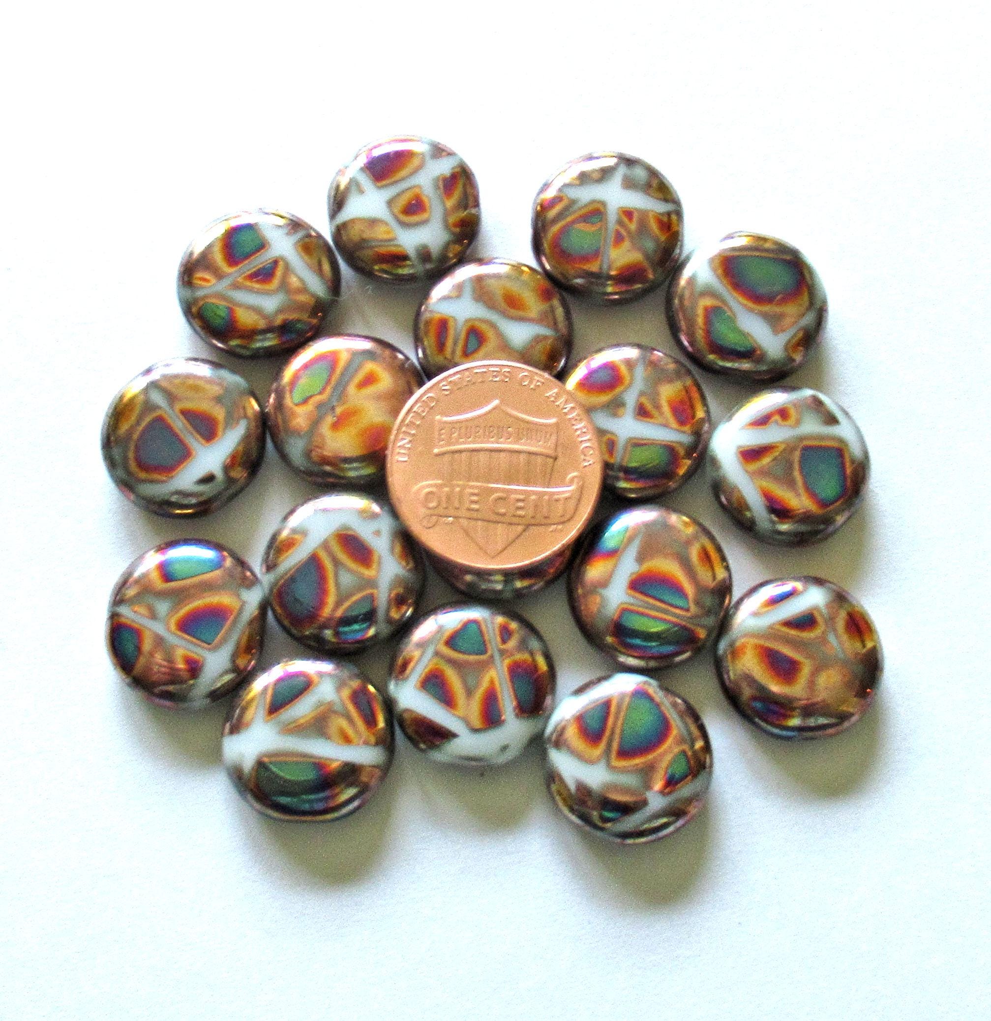 Six Czech glass peacock coin beads - 15mm - copper blue & pink - C00651
