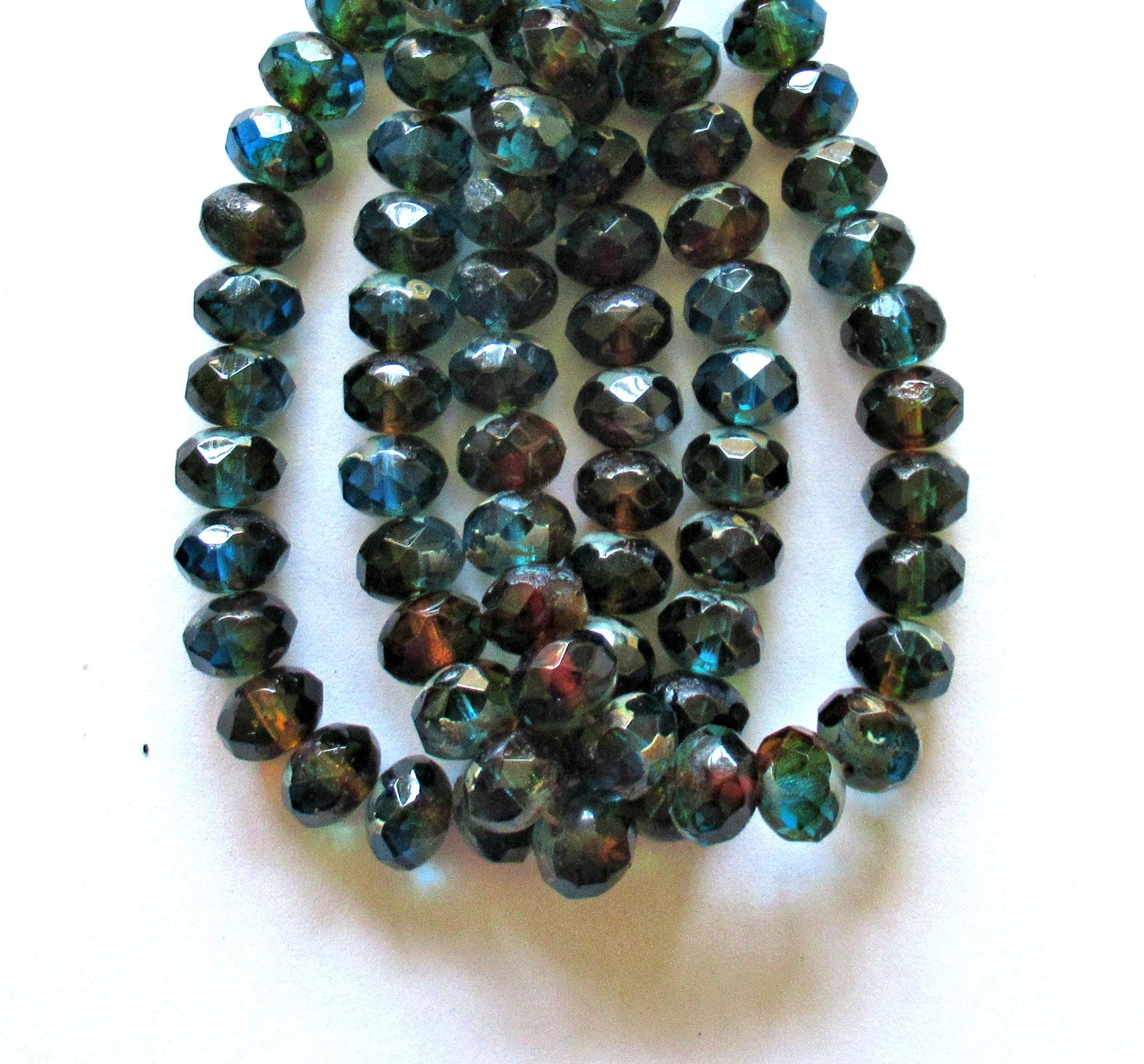 25 Czech glass puffy rondelle beads - 8 x 6mm - transparent teal blue green & topaz brown picasso mix - 57201
