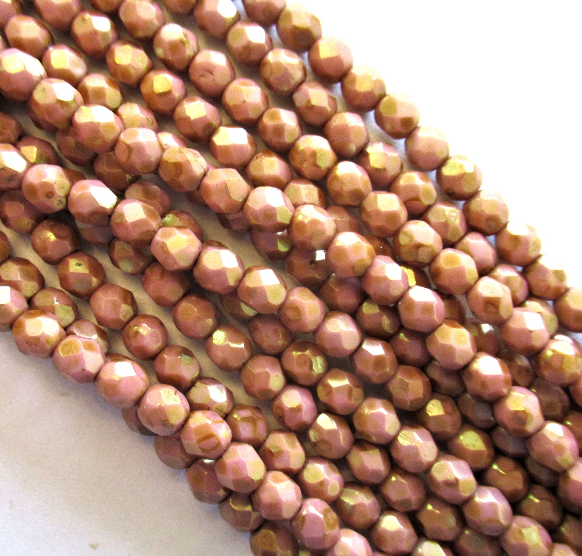 50 4mm Czech glass beads - Luster Opaque Rose/Gold Topaz pink fire polished faceted round glass beads C0016