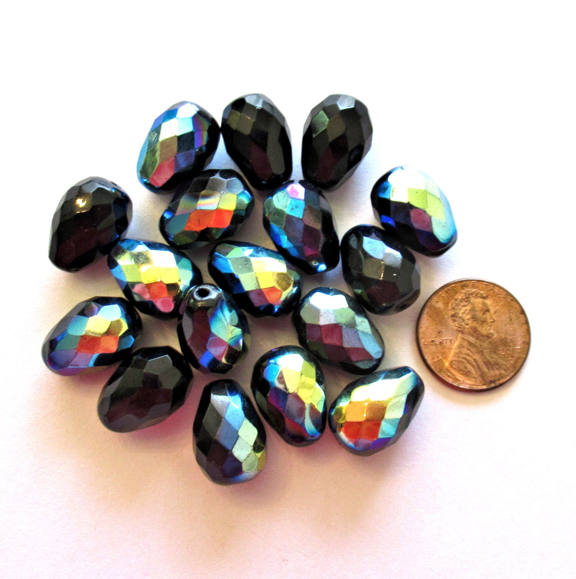 Six large Czech glass teardrop beads - Jet Black AB - 16 x 12mm faceted fire polished drop beads C00871