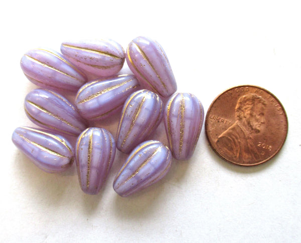 Ten Czech glass teardrop melon beads - silky lavender purple lilac opal w/ gold accents - 15 x 8mm tear drops 00851