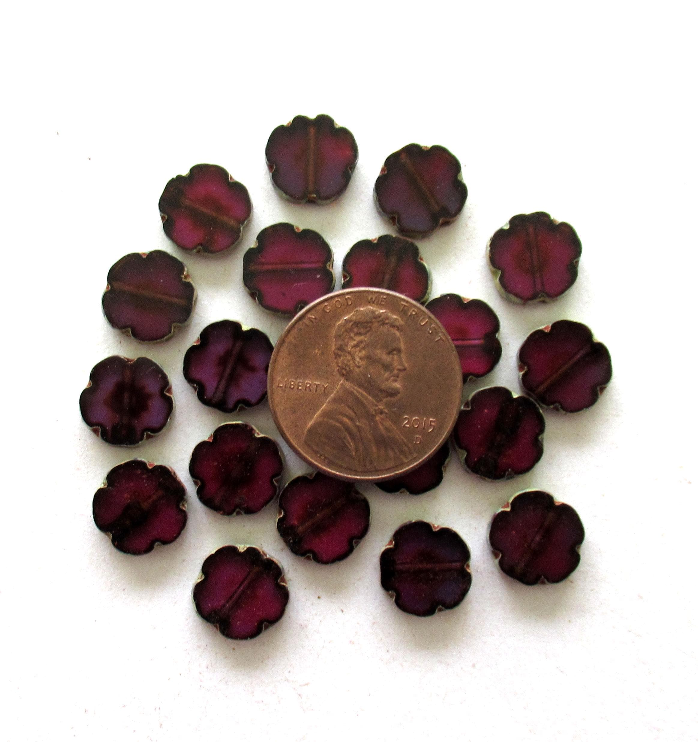 Czech glass flower beads - two tone transparent purple or amethyst picasso flowers - 10mm table cut beads - 10 pieces - C00101