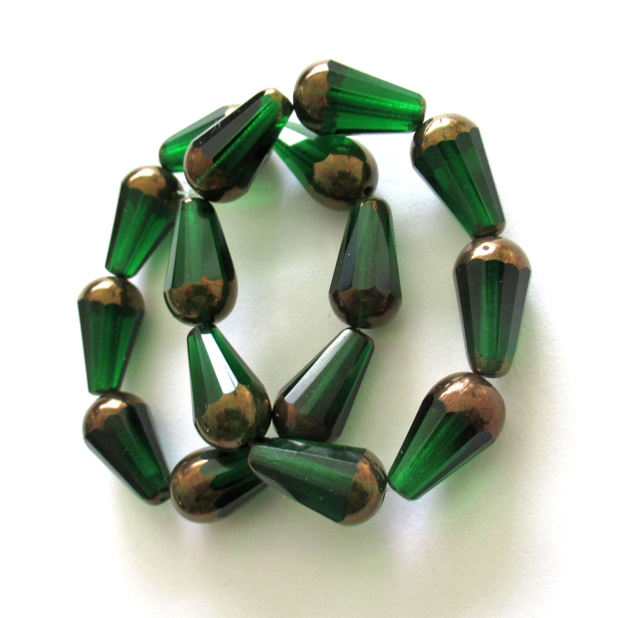 8 Czech glass faceted teardrop beads - 8 x 15mm transparent emerald green w/ a bronze finish on the ends - large drop beads - 00112