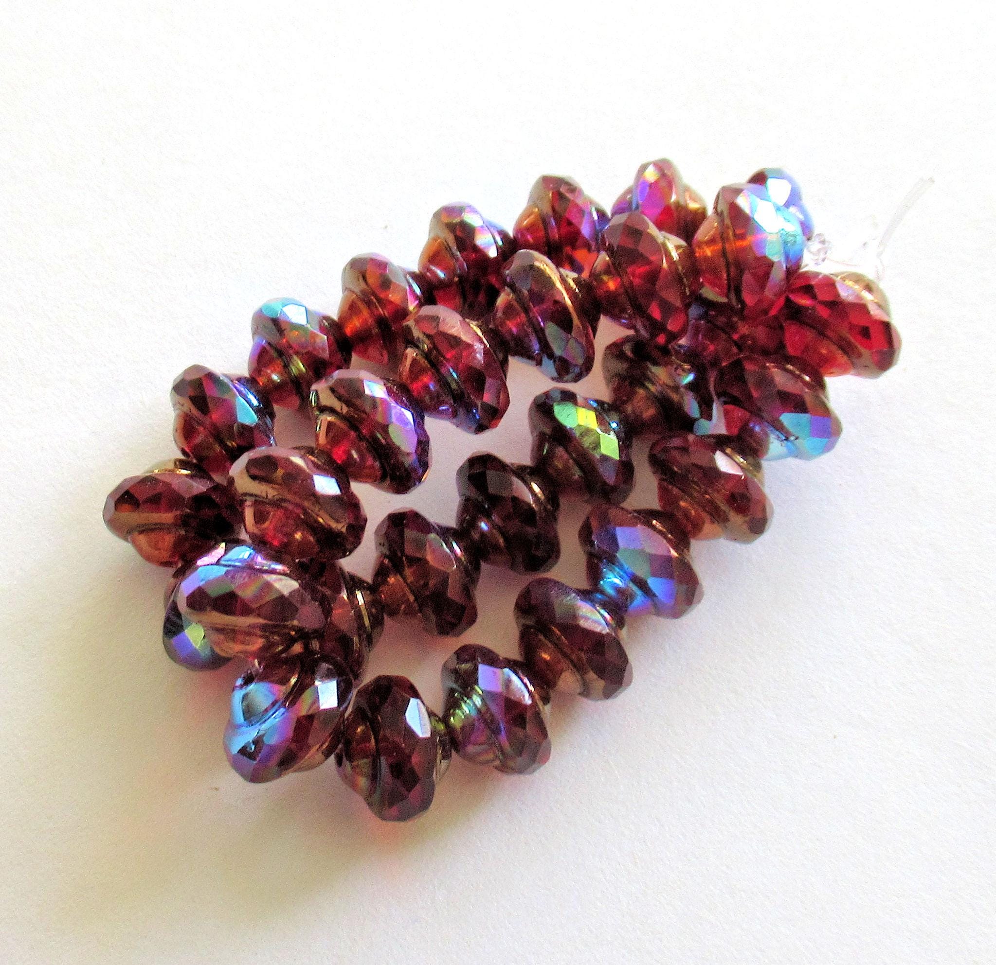15 Czech glass mini faceted saturn or saucer beads - transparent red & orange w/ bronze and ab accents - 6 x 8mm - C00572