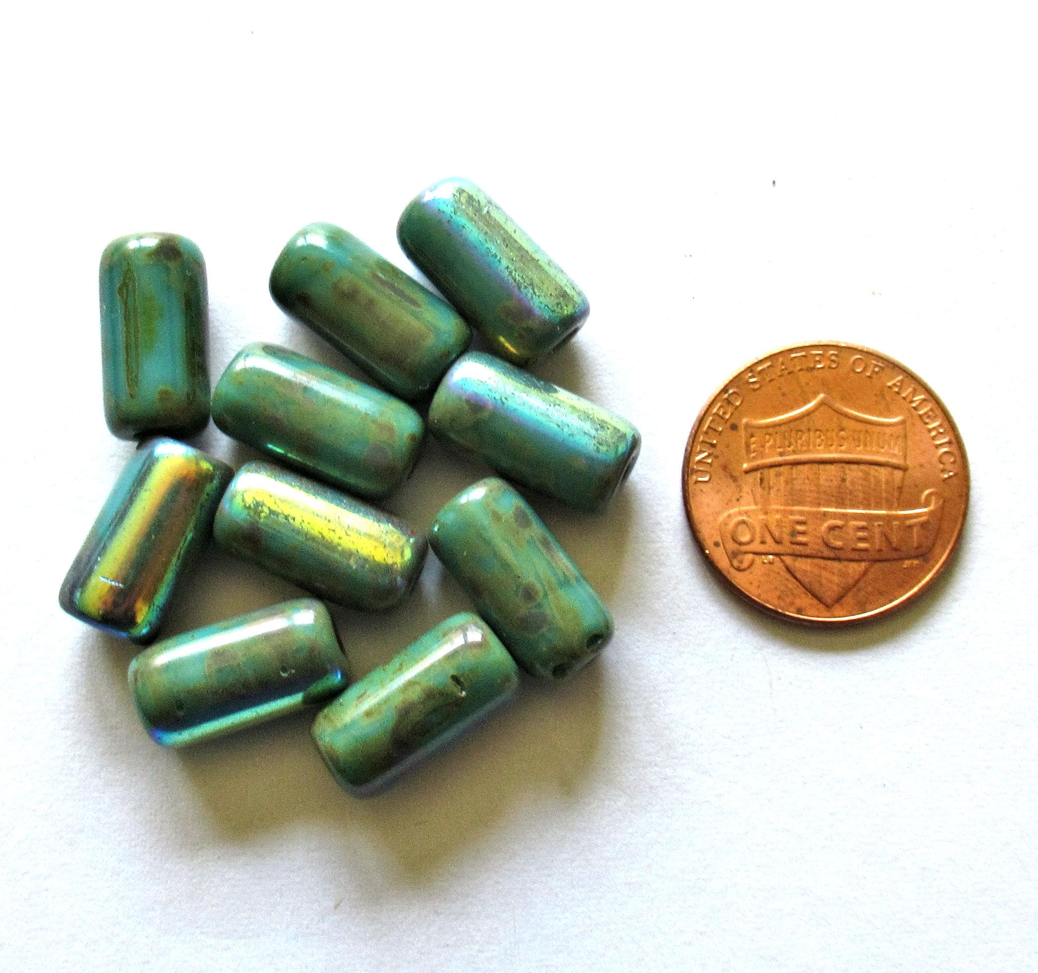 Ten Czech glass tube beads - turquoise green AB w/ picasso coat & big 2mm holes - 7 x 14mm - C00522