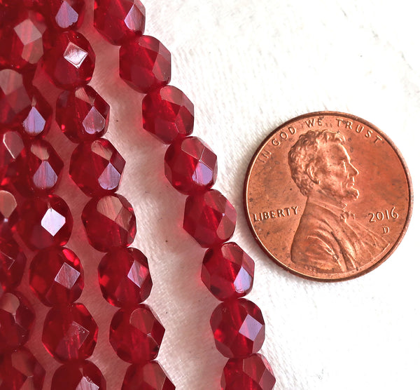 25 6mm Ruby red Czech glass beads, firepolished, faceted round beads, C0625