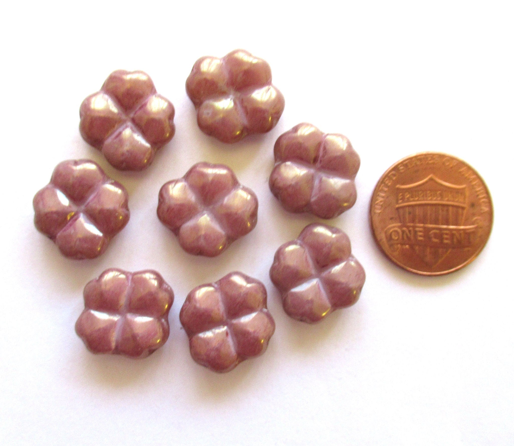 Eight 15mm Czech glass clover beads - opaque luster pink four leaf clover shaped beads - 00011